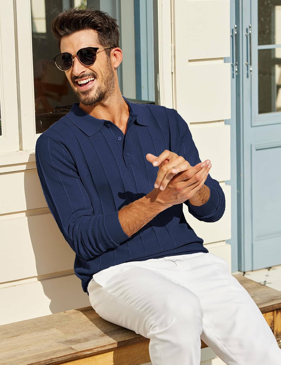 Detalle de COOFANDY Men's Knit Polo Sweater, Long Sleeve with 3-Button Collar