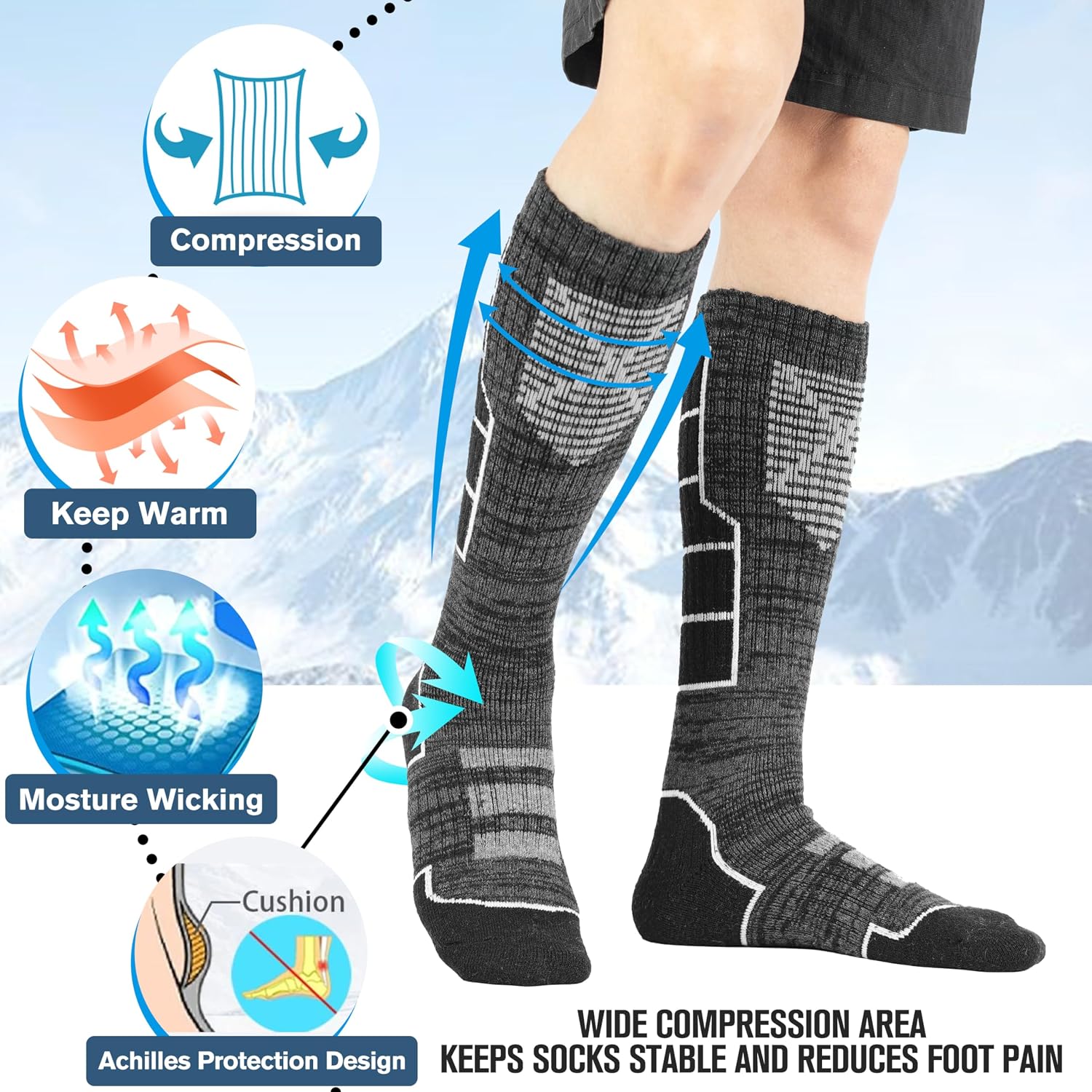 Detalle de Anlisim 3 Pairs Merino Wool Ski Socks, Knee-High with Cushioning and Arch Support