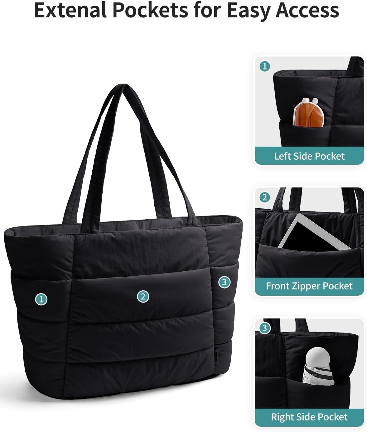 Thumbnail 4 de Narwey puffer tote bag for women with zip, laptop slot and tumbler holder