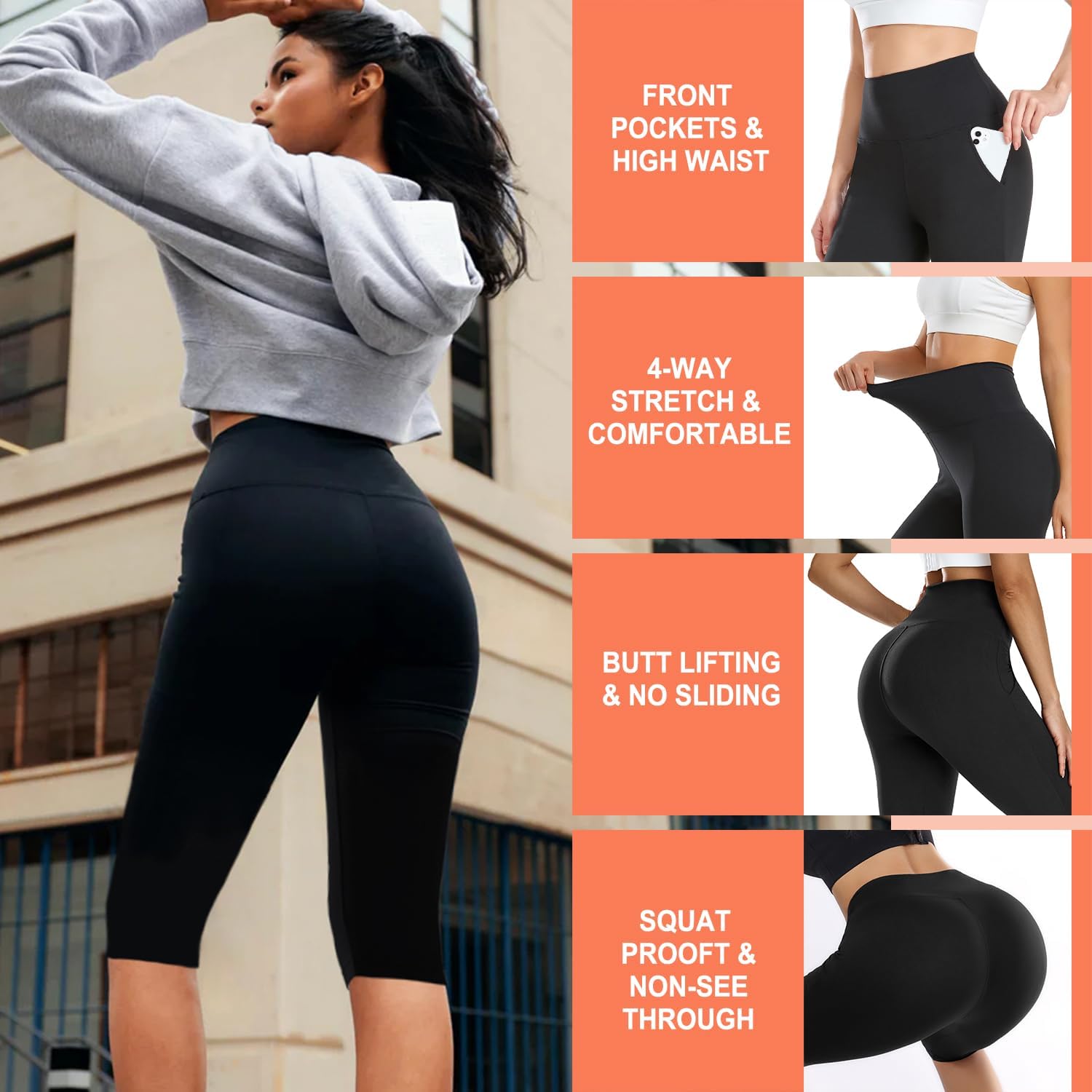 Detalle 2 de DHSO Women's Knee-Length Leggings, High-Waisted Spandex, 3-Pack