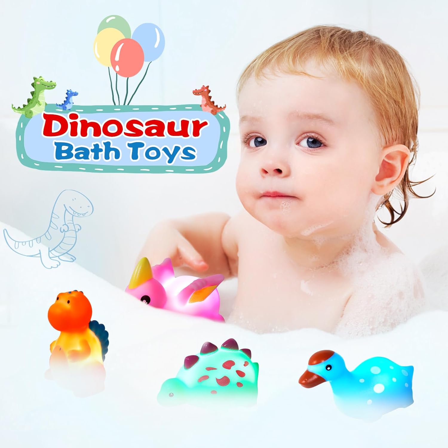 Detalle de Jiosdo 6‑Pack LED Dinosaur Bath Toys – Sensory Water-Activated Lights for Babies and Toddlers