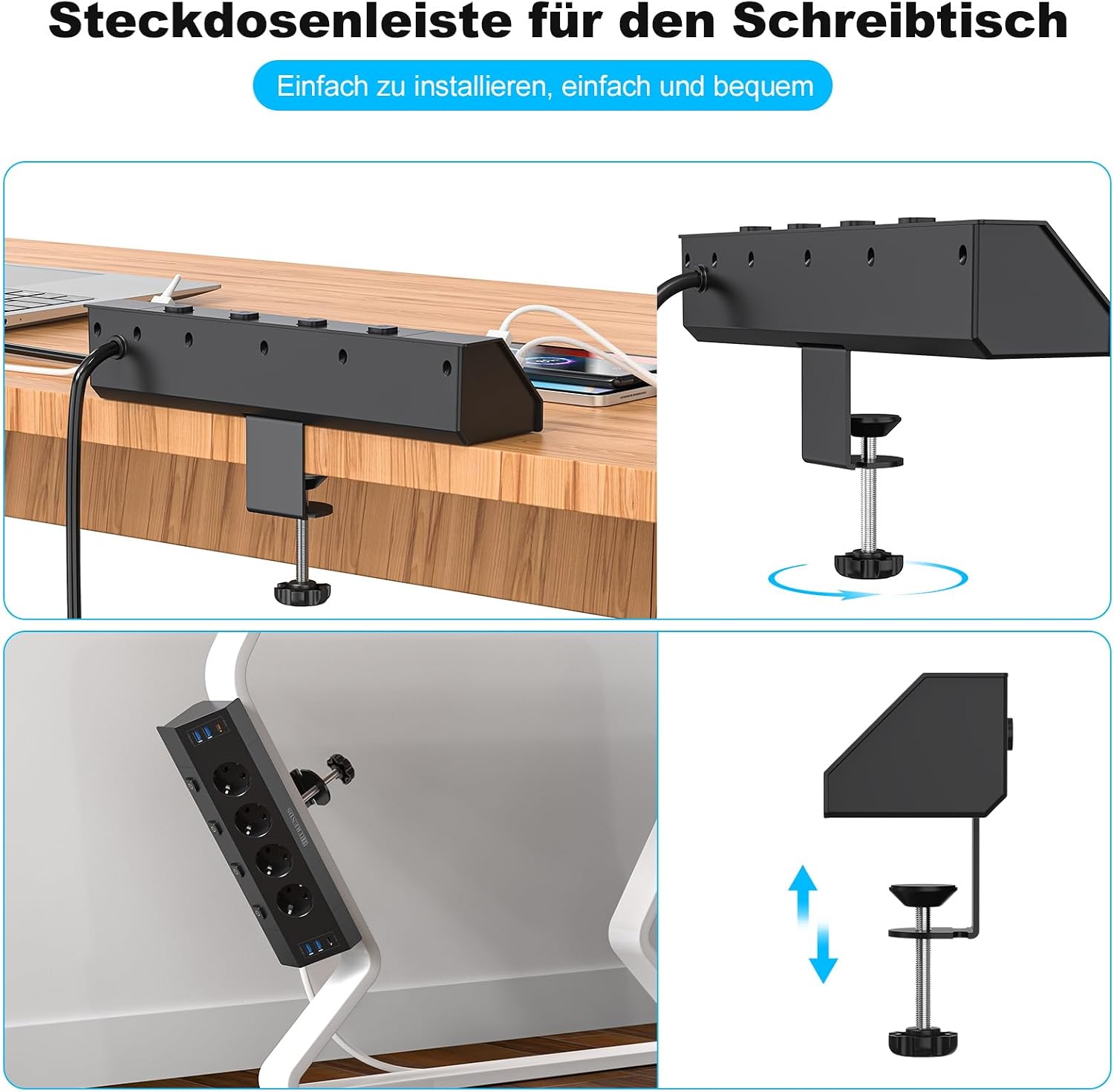 Detalle 2 de HITRENDS 4 Prises de Table-Noir tafelstopcontact met 4 stopcontacten en 6 USB-poorten