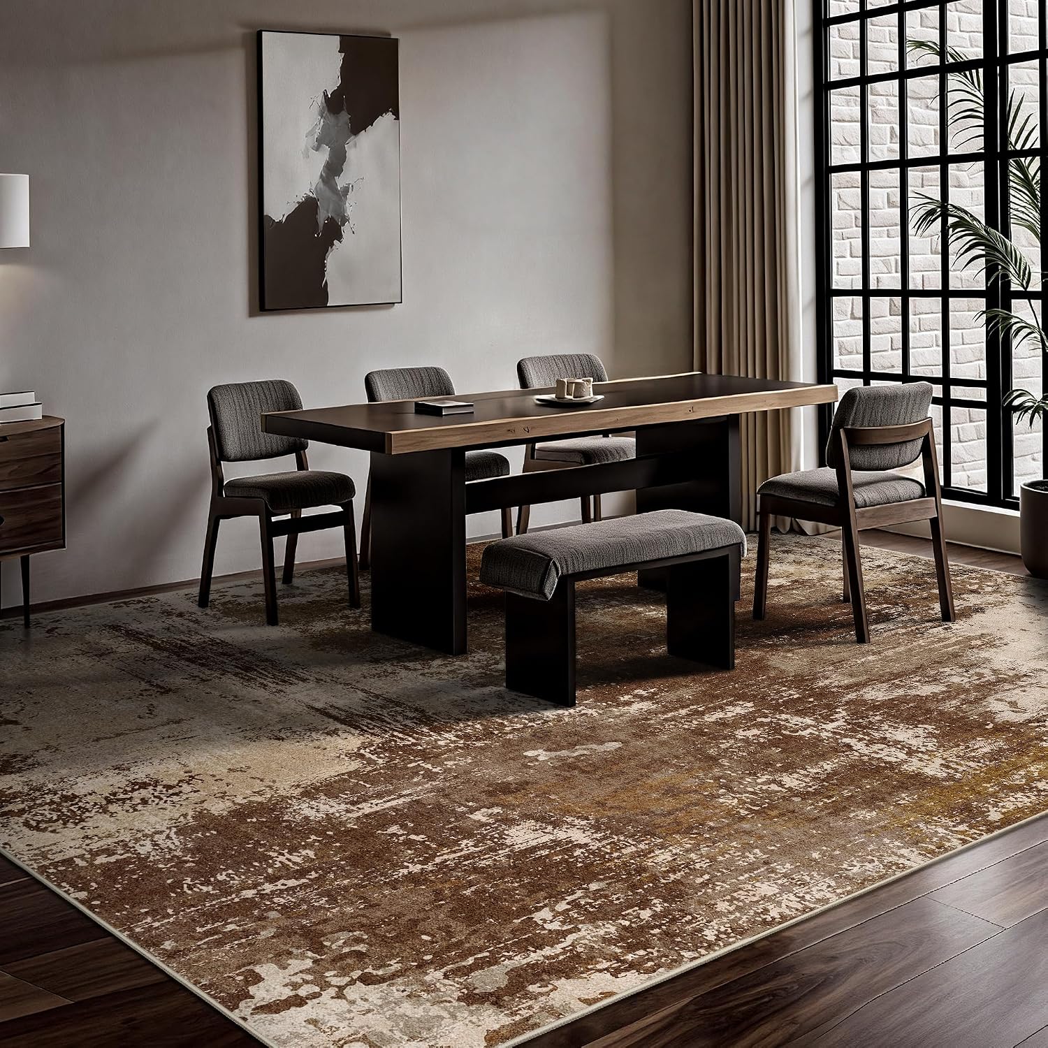 Detalle 2 de Yarooge 8' x 10' Brown Abstract Washable Area Rug, Low-Pile