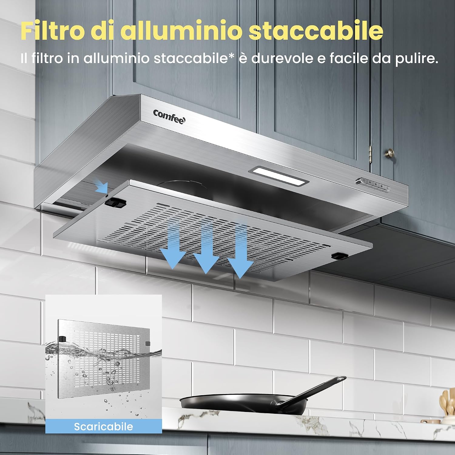 Detalle de COMFEE Cappa Aspirante 60 cm Sottopensile 200 m³/h, 3 Velocità, Argento