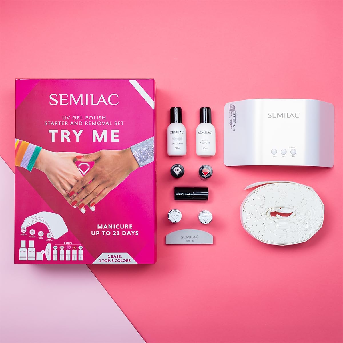 Detalle de Semilac Try Me – zestaw do manicure z lampą UV LED i trzema kolorami lakieru