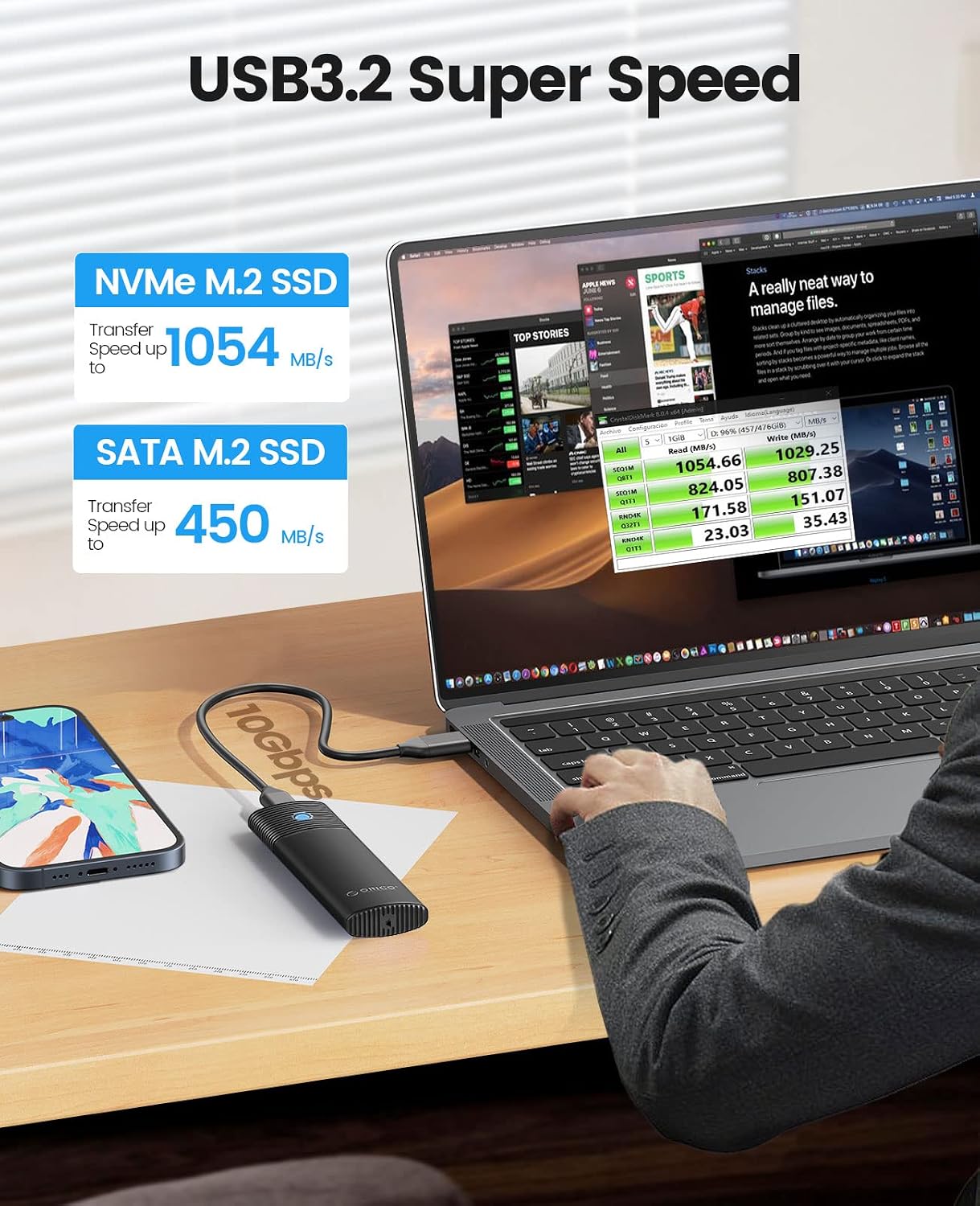Detalle 2 de ORICO NVMe/M.2 SATA Adapter-Gehäuse für USB 3.2 Gen 2 (10 Gbps) – Werkzeugloses M.2 Case mit UASP, TRIM & SMART