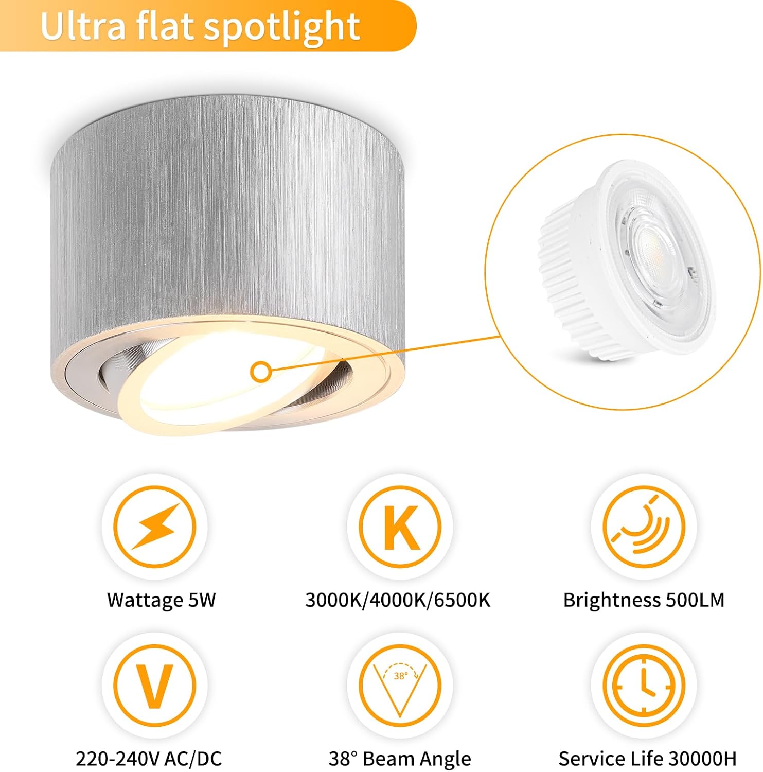 Detalle 2 de GeyouLux LED Aufbauspot dimmbar (3CCT, 30° schwenkbar) extra flach, Ø80x50 mm – inkl. 5W LED Modul