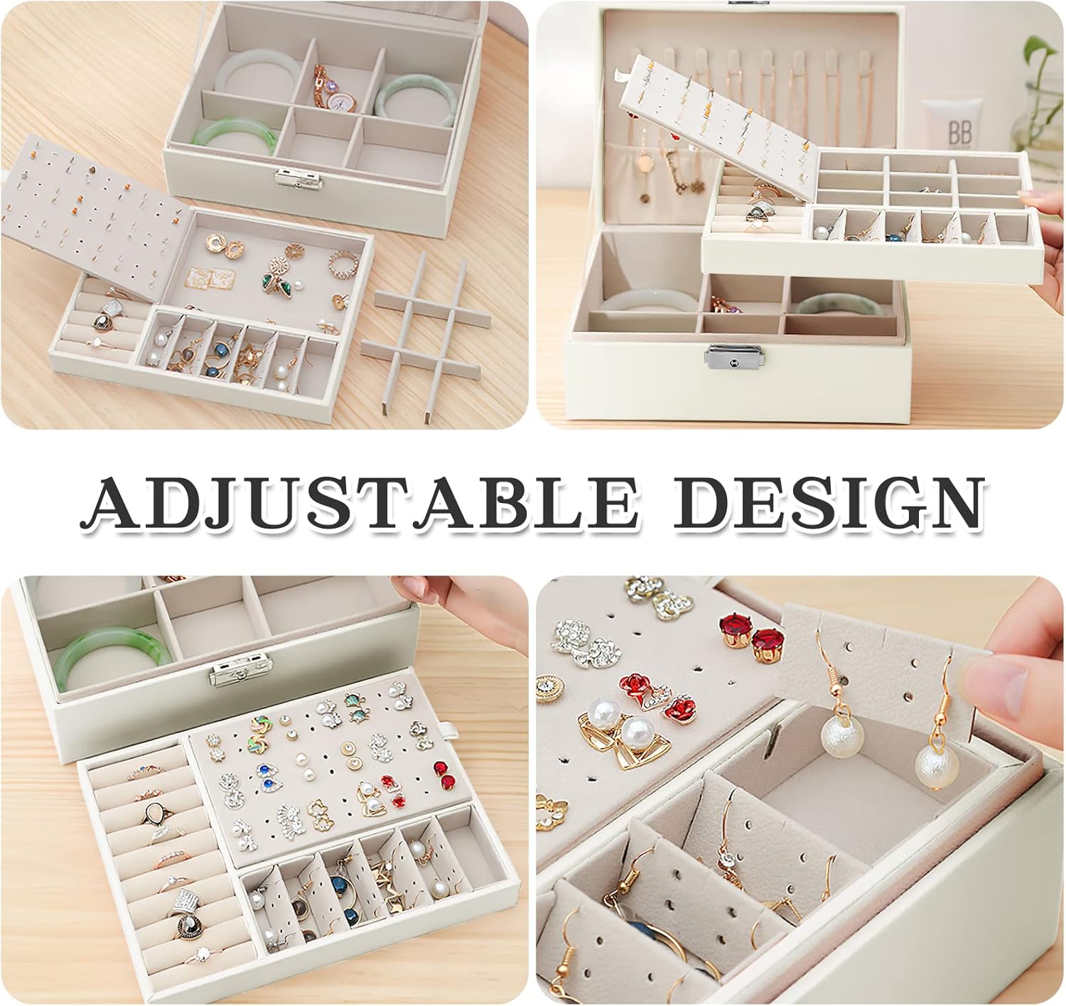 Detalle de Larkumio joyero organizador grande para mujer y niña con doble capa (PU) y llave, blanco
