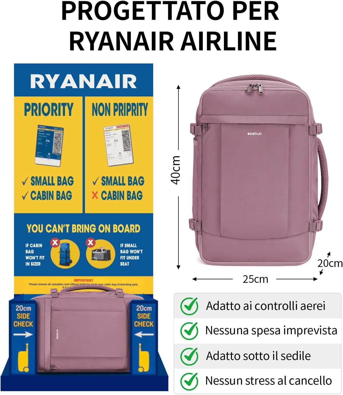 Detalle de ECOHUB 20L Zaino Ryanair 40x20x25: Zaino da Viaggio a Mano con Scomparto Laptop 14" in PET Riciclato