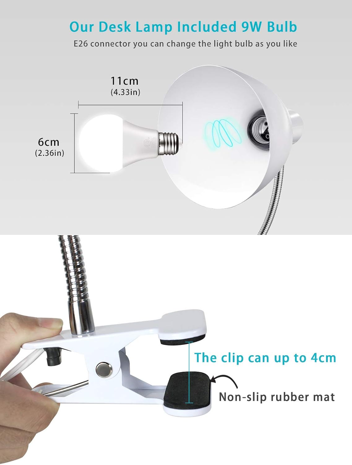 Detalle 1 de LALISU LALISULALITB004 Clip-On Desk Lamp, 360° Gooseneck, 9W LED