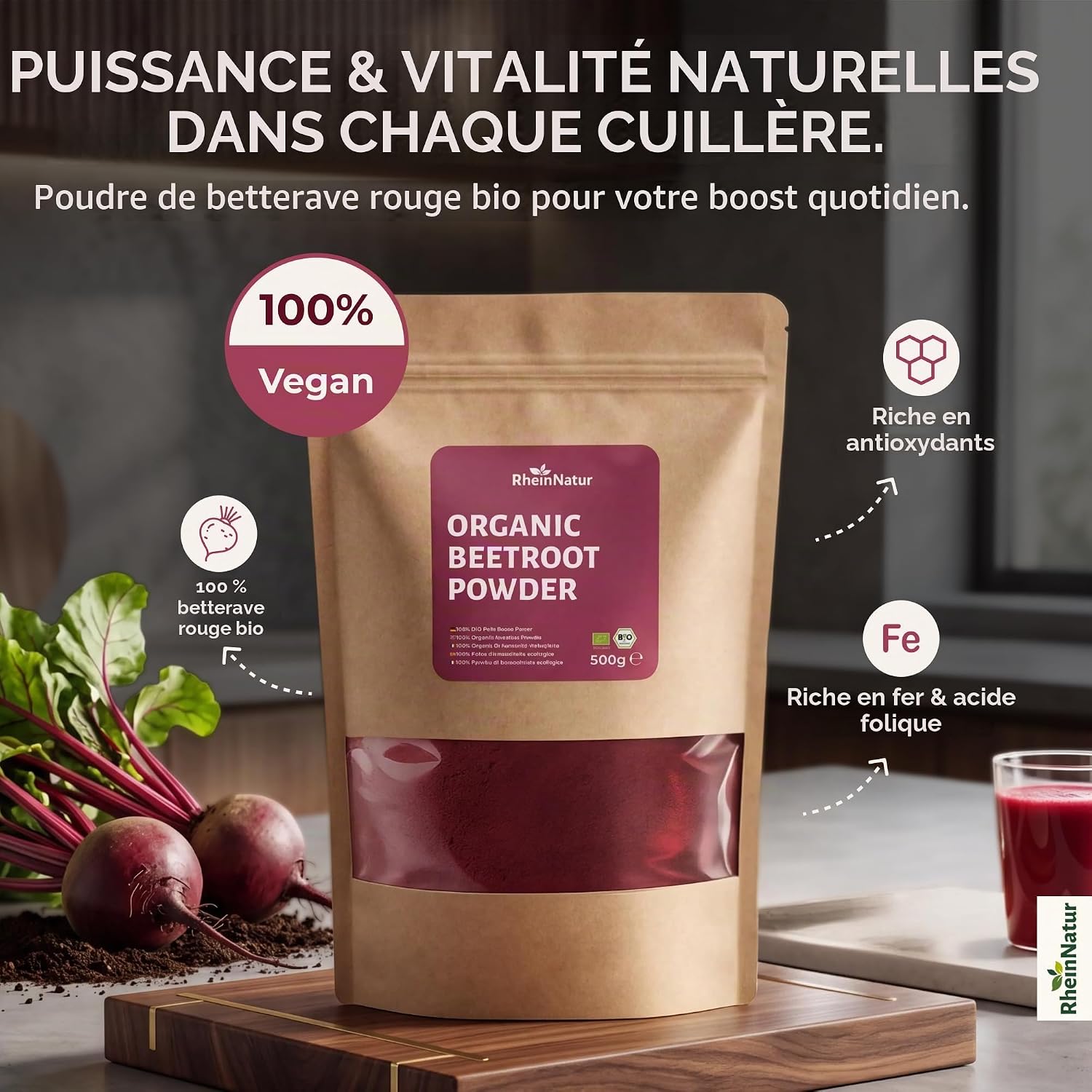 Detalle de RheinNatur biologisch bietenpoeder 500 g, vegan en fijn gemalen