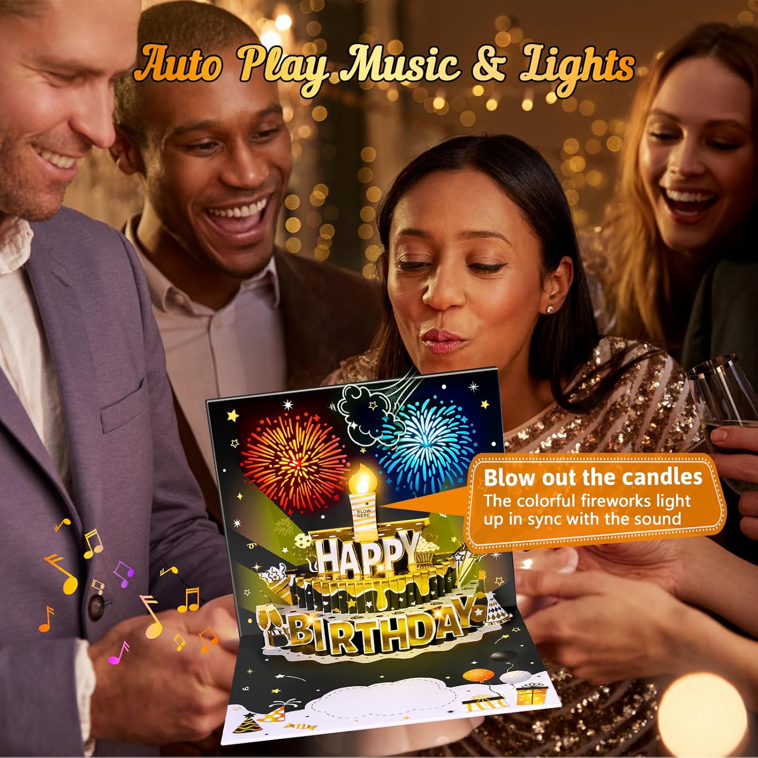 Detalle 2 de Birthday Cards Pop-up MUSIC & LIGHTS & Blowable Candle (Black & Gold) – Pop-up birthday greeting with DIY numbers