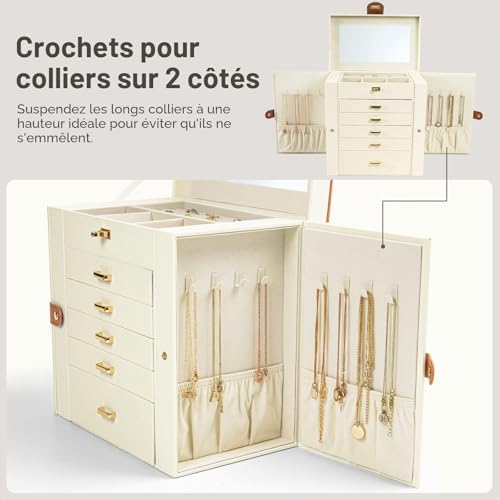Thumbnail 2 de KAMIER Boîte à bijoux grande avec miroir et 5 tiroirs — rangement élégant en bois et cuir synthétique