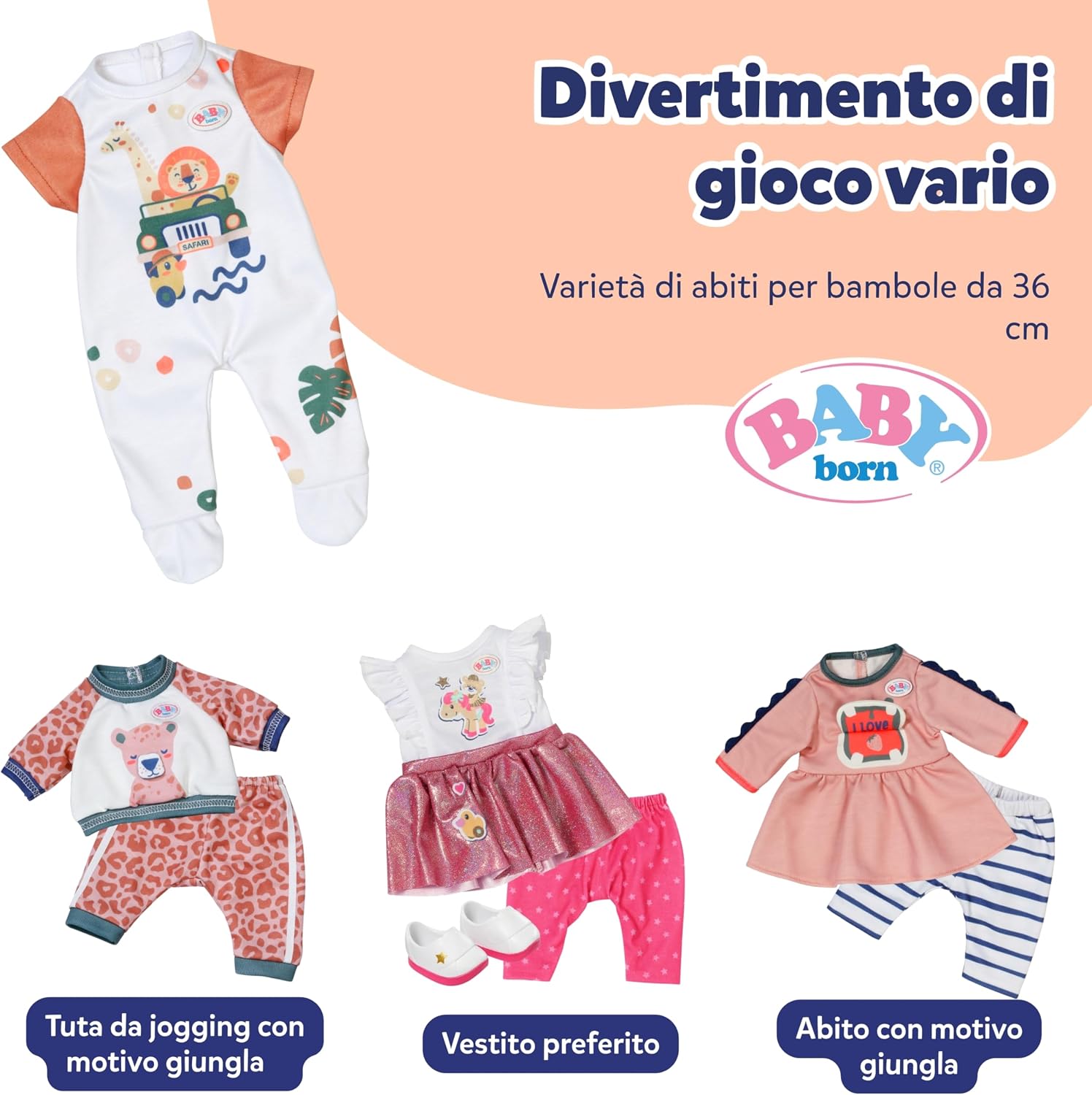 Detalle de Baby born tutina con motivo giungla e maniche corte, per bambole da 36 cm