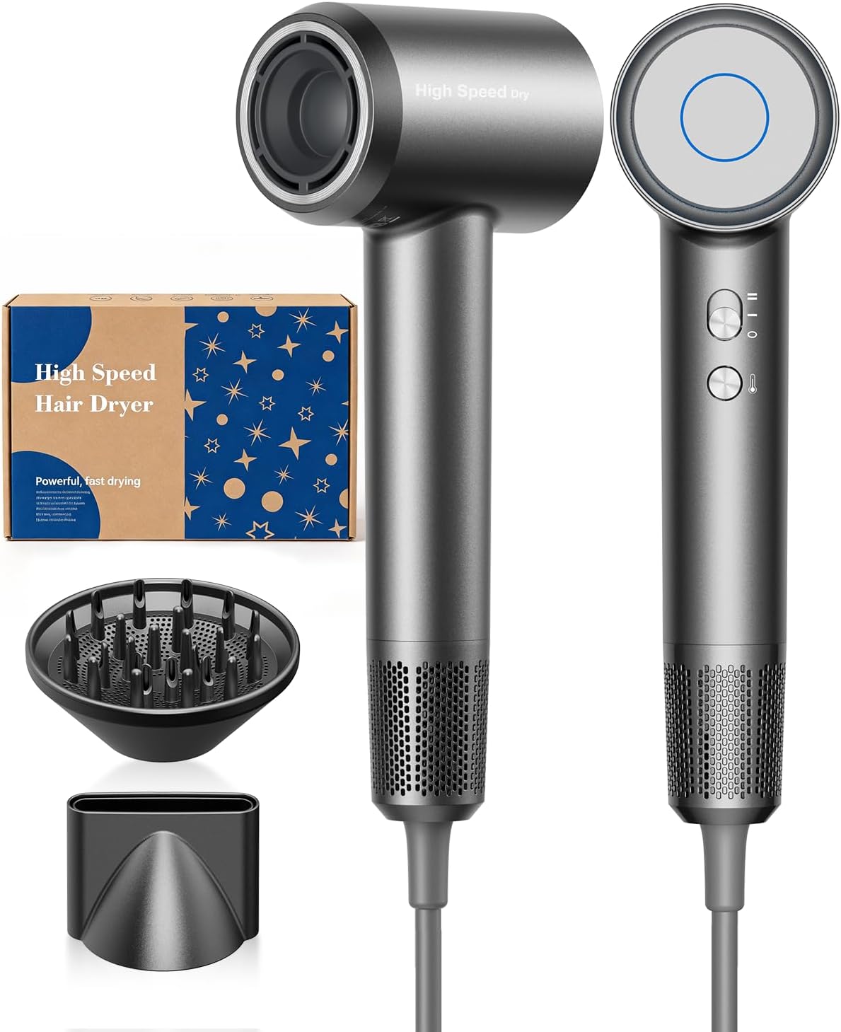 Detalle de BANNILU Föhn mit Diffusor – ultraleicht, 160.000 U/min, 65 m/s, Diffusor & Magnetaufsätze, 370 g