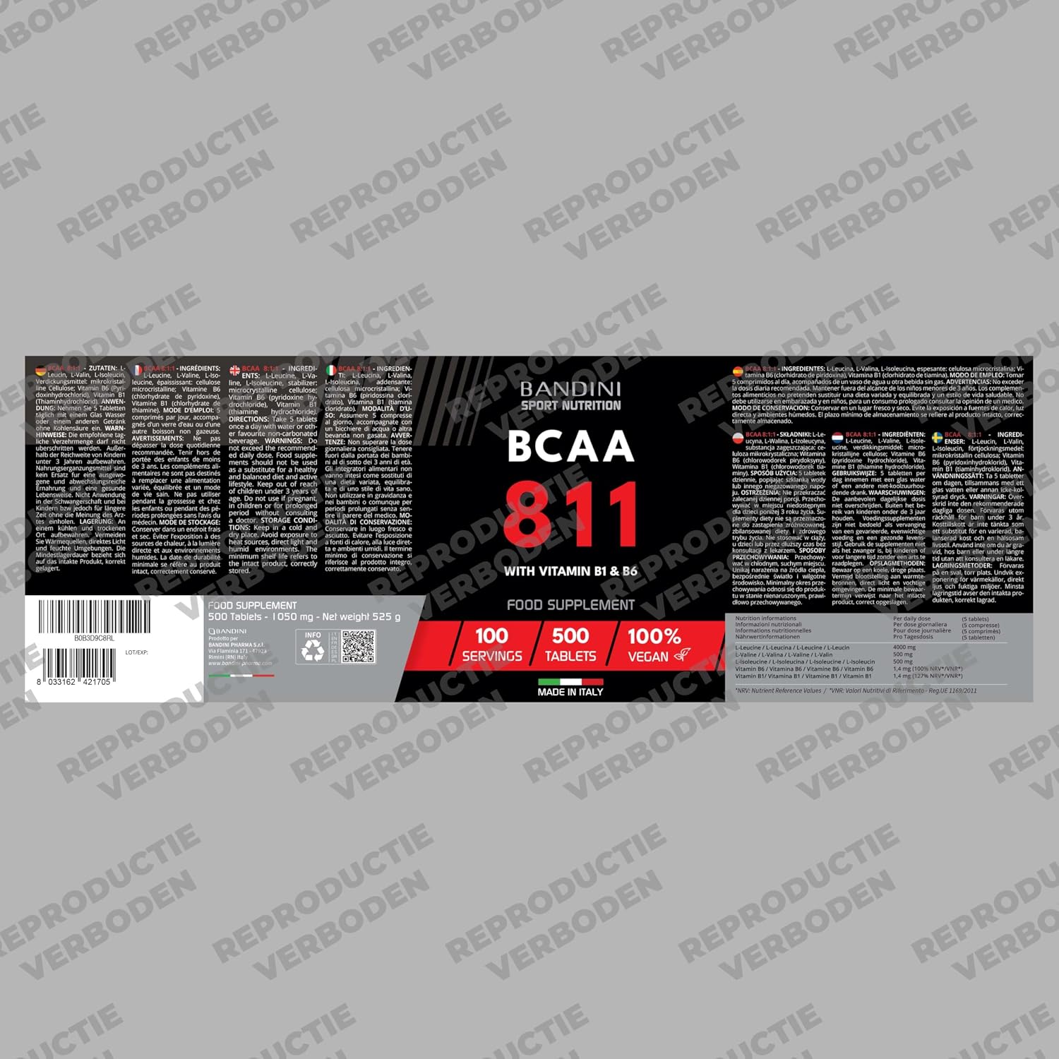 Detalle de BANDINI BCAA 8.1.1 aminozuurtabletten, 500 tabletten met vitamine B1 en B6