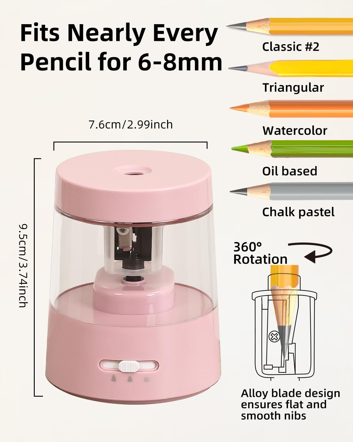 Thumbnail 2 de ZMOL Electric Pencil Sharpener for Colored Pencils (Pink) – Auto Stop, 6–8mm No.2, Battery or USB-powered