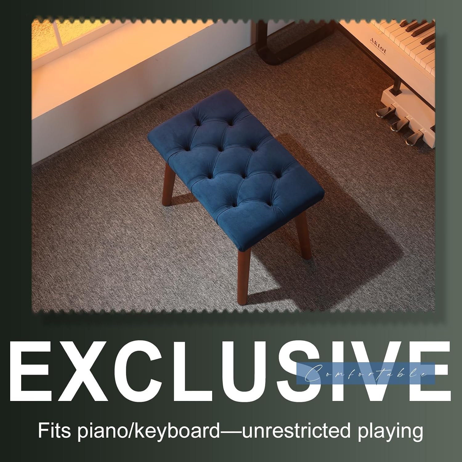 Detalle de AKLOT Piano Bench, Velvet Upholstery, Rubberwood Legs, 300-Pound Capacity