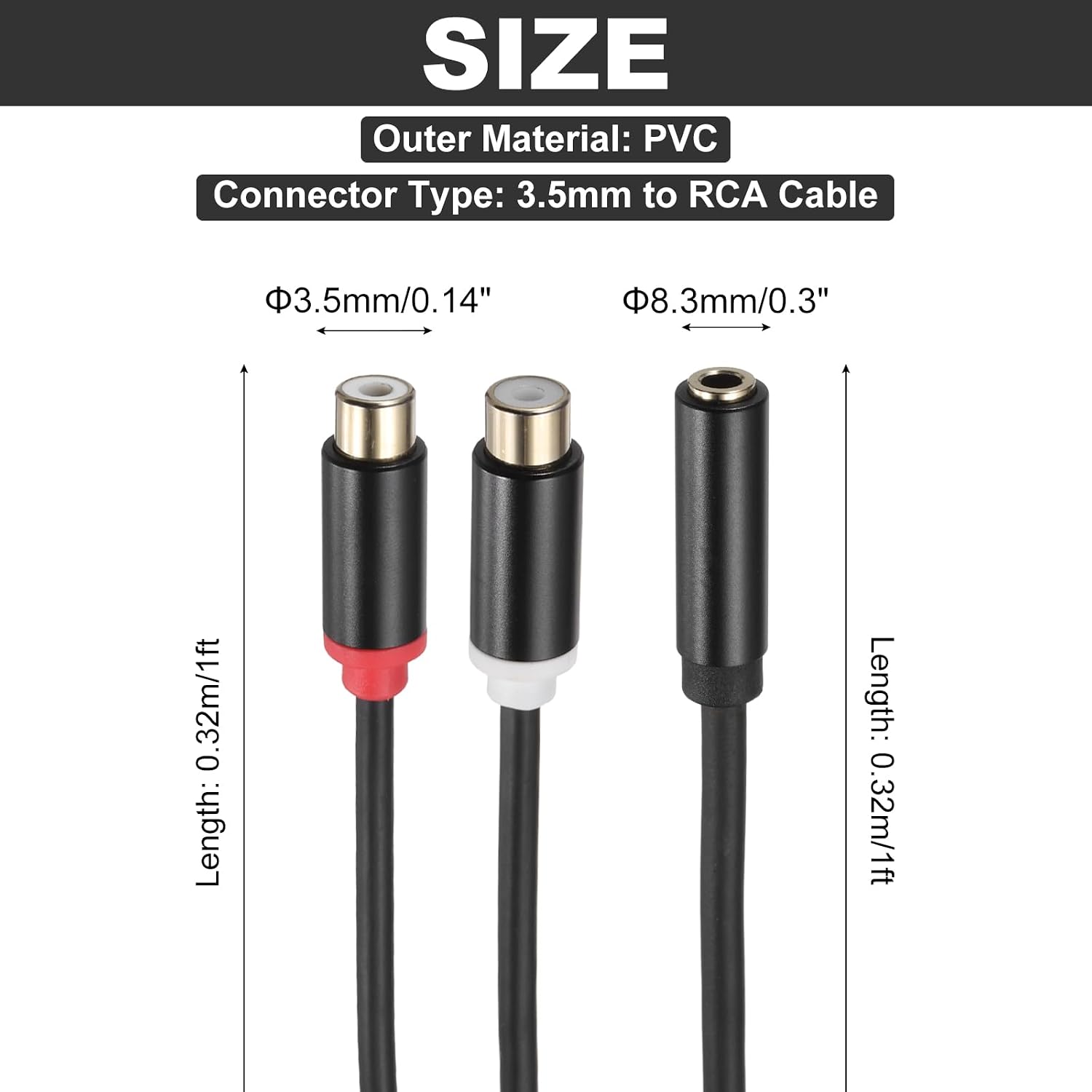 Detalle 2 de DMiotech 3.5mm to RCA Cable (1ft) – 3.5mm Female to 2 RCA Male Aux Audio Adapter