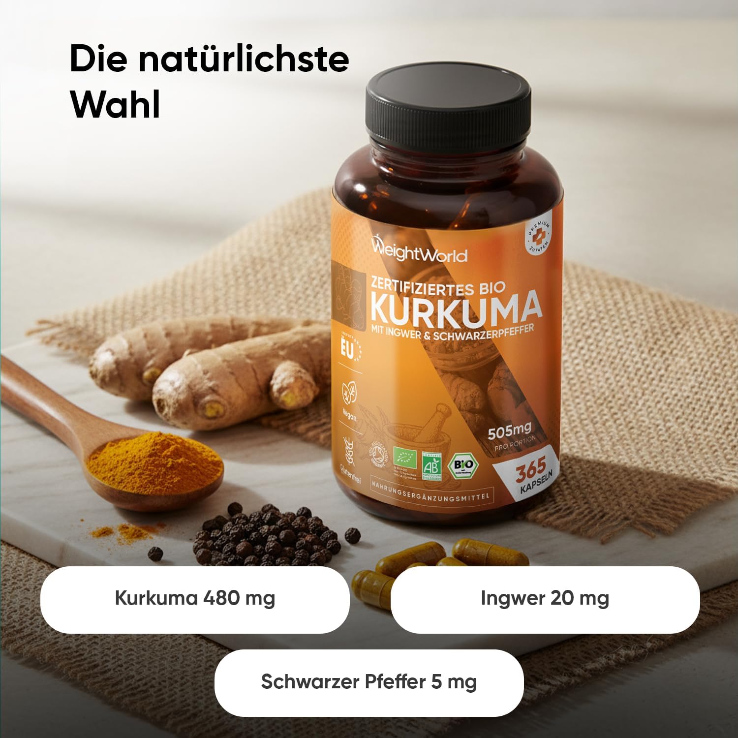 Detalle 2 de WeightWorld Bio Kurkuma Kapseln – Curcuma mit Ingwer & Pfeffer, 365 Kapseln, 1 Jahresvorrat, Bio, Vegan & lactosefrei