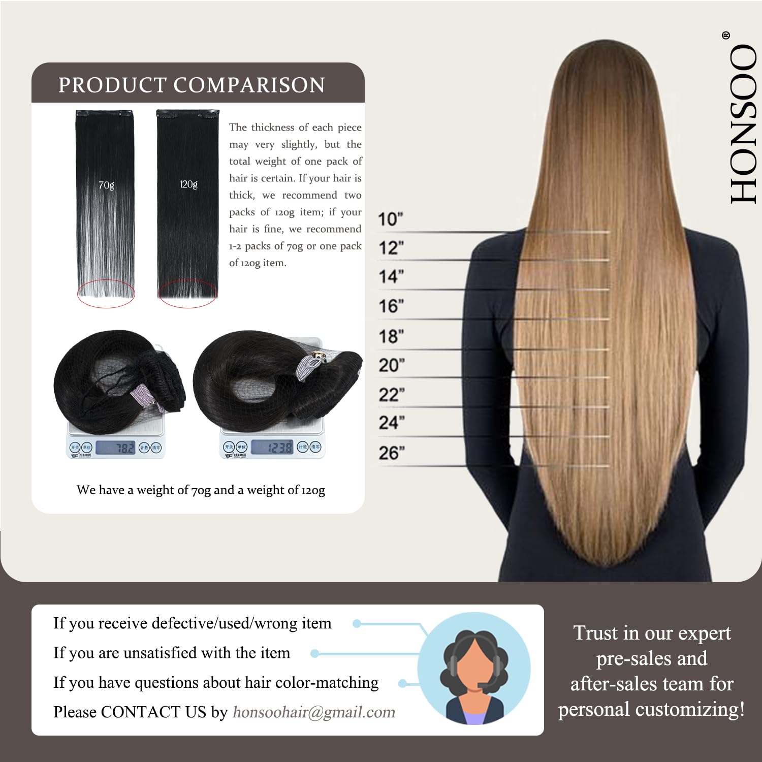 Detalle de Honsoo Chestnut Brown Remy Clip-In Hair Extensions (18 inch, 70g, 7pcs) – Real Human Hair, Silky & Soft
