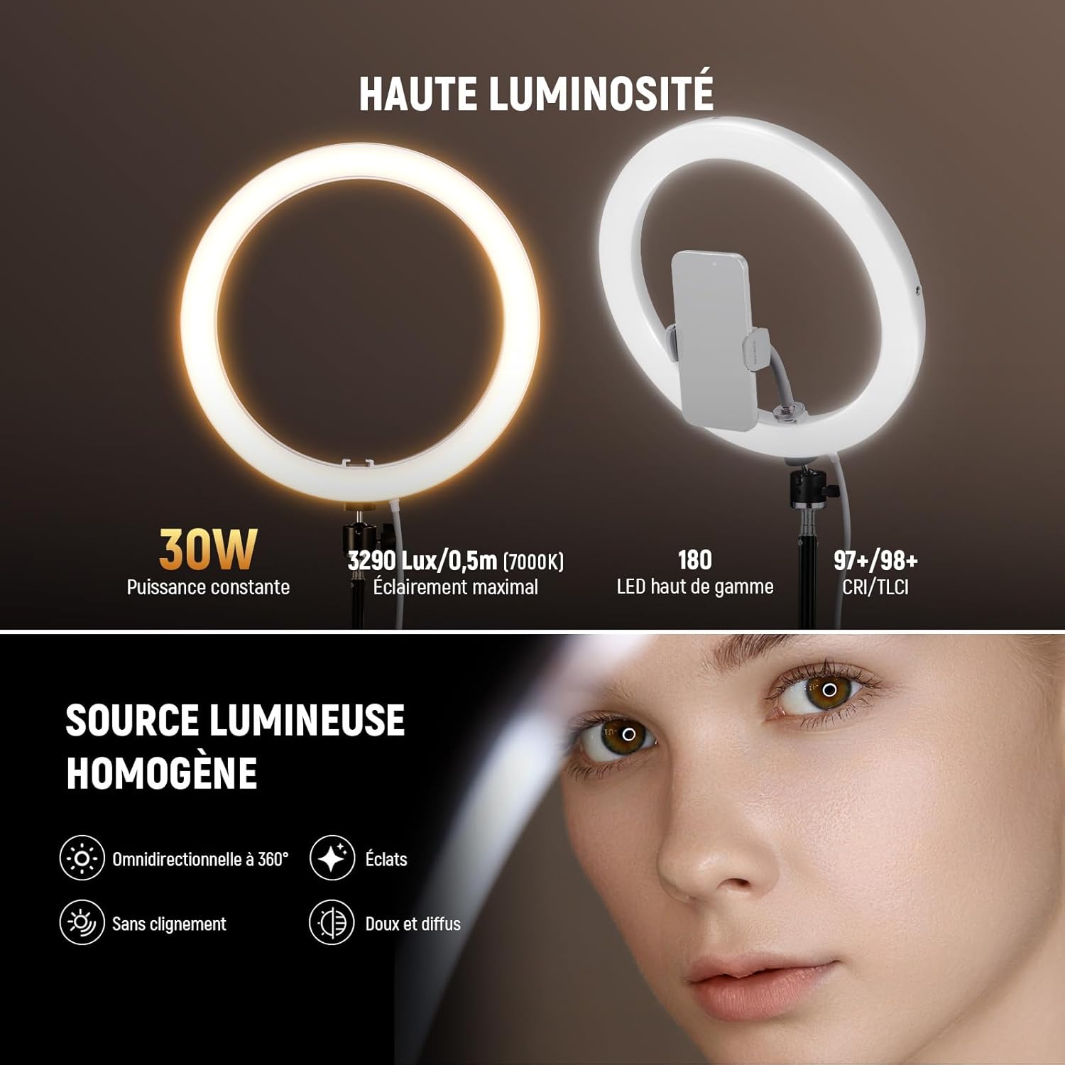 Detalle 2 de NEEWER RH12B Pro Anneau lumineux LED 30W—180 cm de trépied et fixation mobile pour YouTube, maquillage et vlog