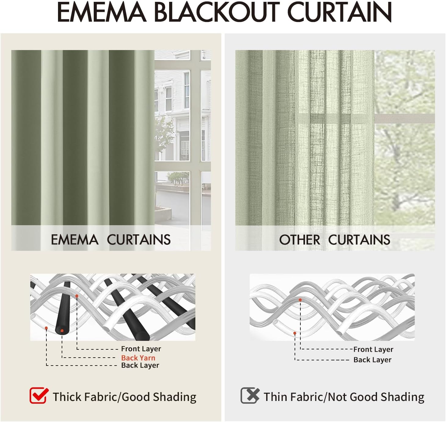 Detalle 2 de EMEMA Verdunkelungsvorhänge Salbei Grün – 2er-Set, 225 cm x 140 cm, Ösen, blickdicht