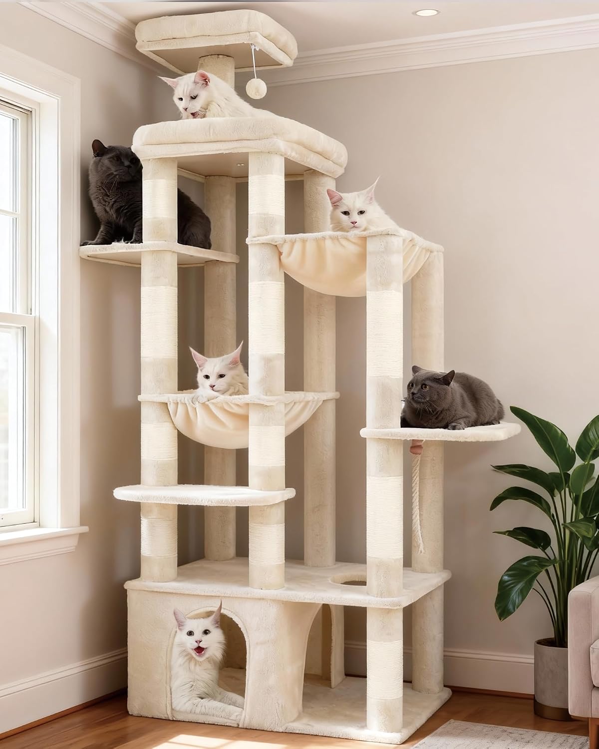 Detalle de Heybly Cat Tree, 180 cm Tall Cat Tower for Large Maine Coon Cats with Extra-Large Baseboard in Beige (HCT037M)