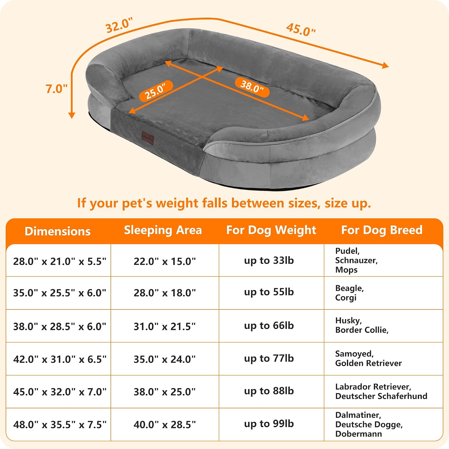 Detalle de Dwanton X-Large Orthopedic Dog Bed Sofa, 45-Inch Gel Memory Foam, Waterproof Liner