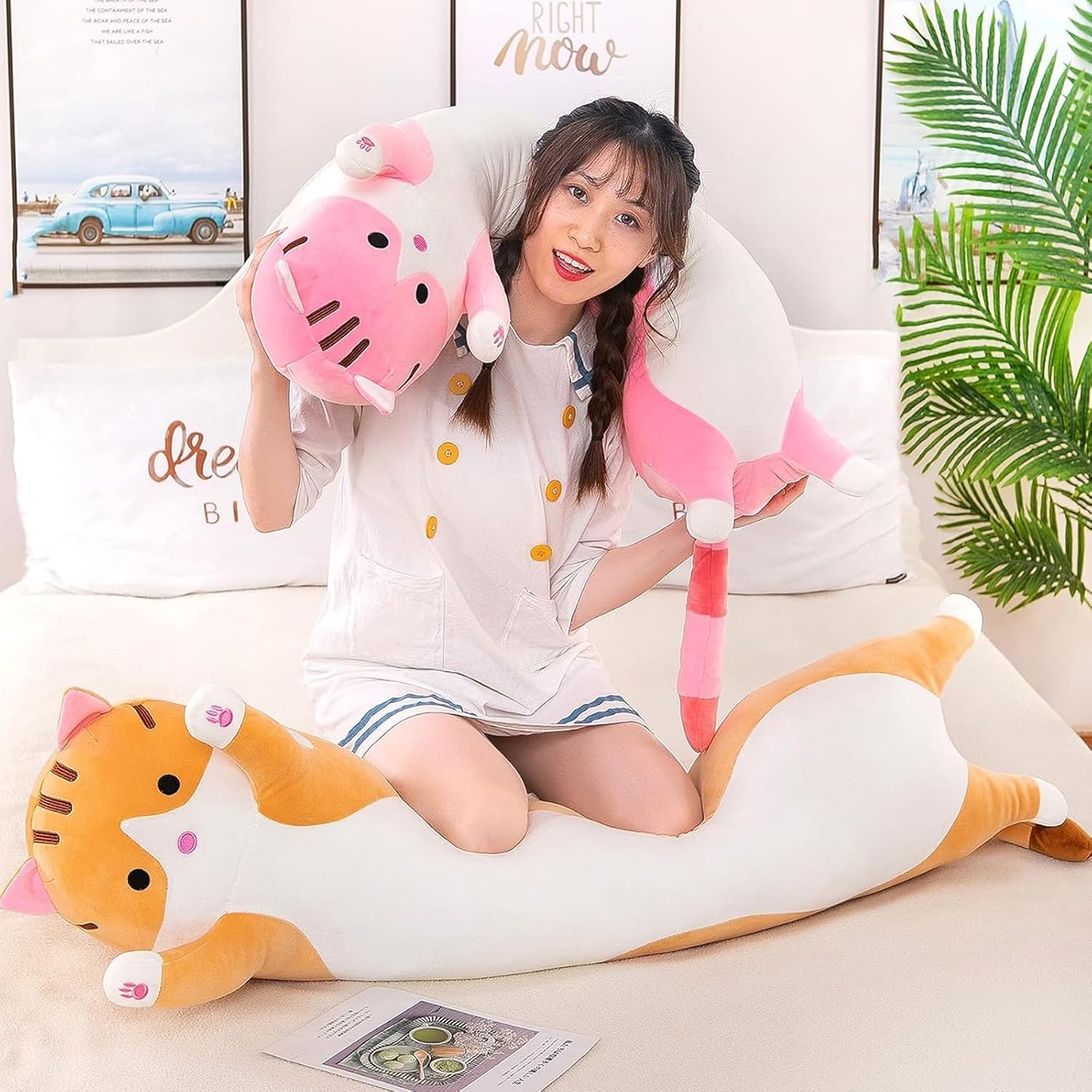 Detalle de Aiuidun Lange Katze Kuscheltier – 90 cm Pinkes Plüschkissen