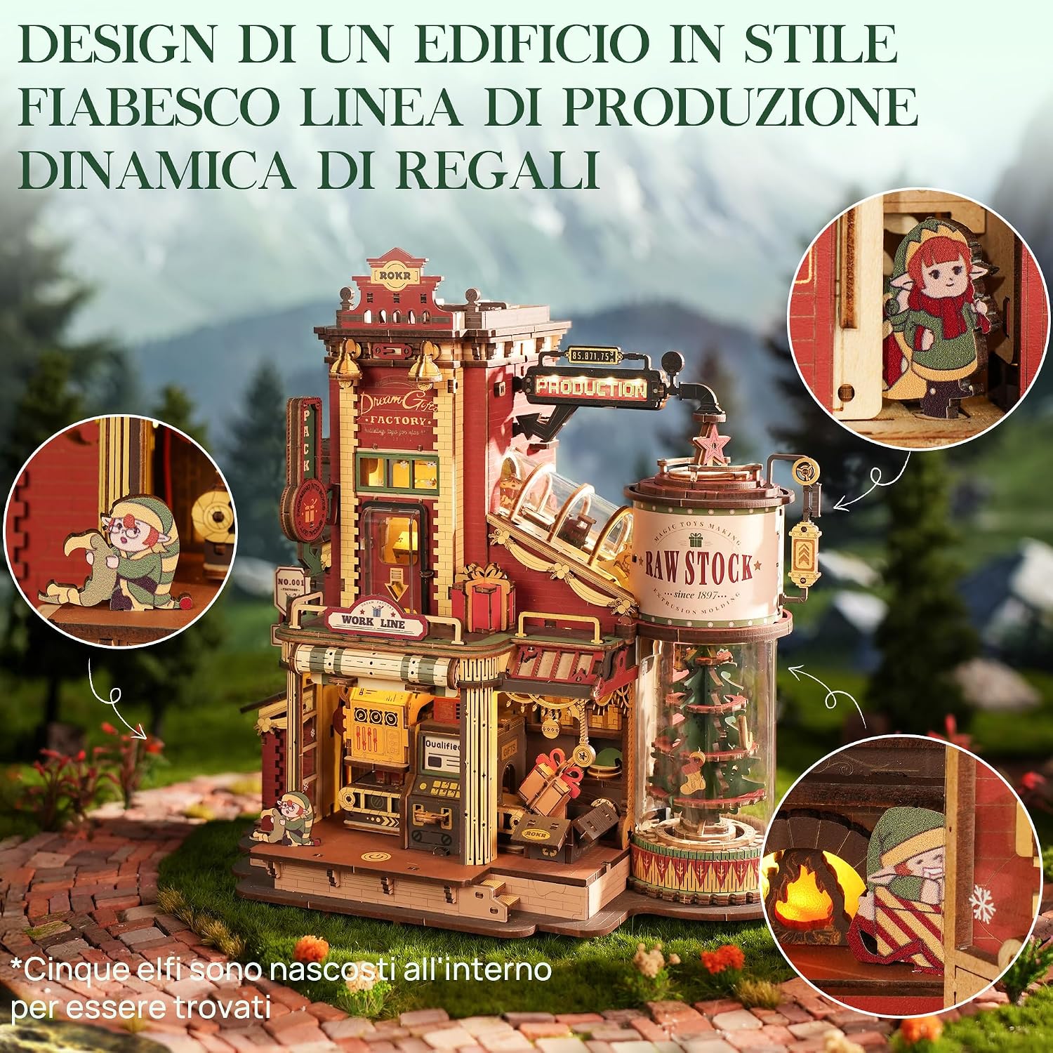 Detalle de ROKR Puzzle 3D in legno Dream Gift Factory EAB01 con luci, musica e parti mobili