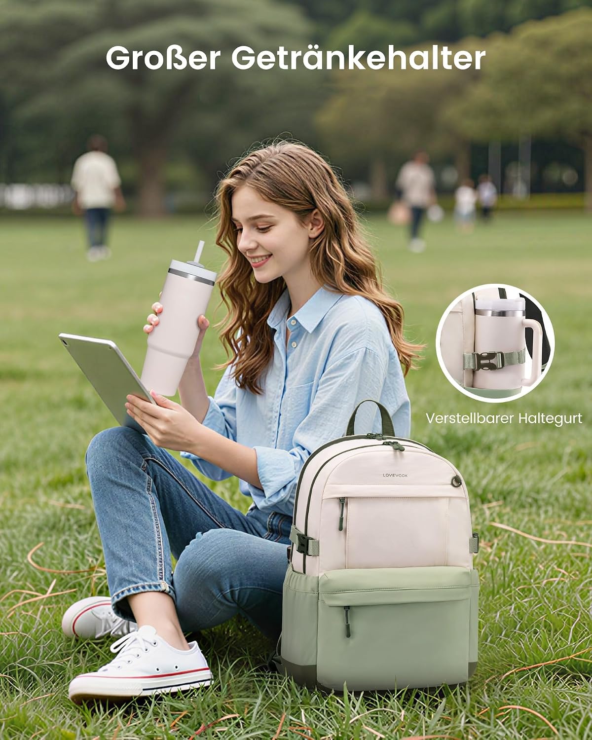 Detalle de LOVEVOOK Rucksack Damen 15,6 Zoll – Laptop-Tagesrucksack mit großzügigem Fach, Wasserflasche, TSA-Komfort und individuellem Stil