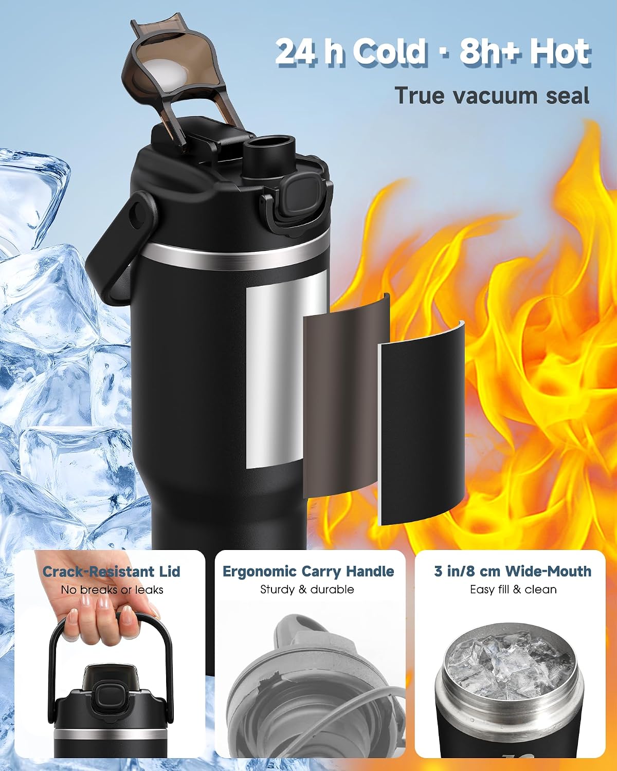 Detalle 2 de KANGZY 1L/32oz Vacuum Insulated Metal Water Bottle with 2-in-1 Straw & Spout Lid – Jet Black