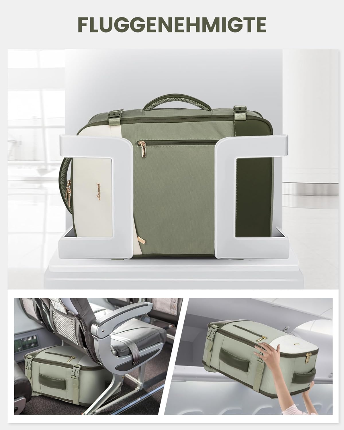 Detalle 2 de LOVEVOOK Handgepäck-Rucksack 40L (17,3 Zoll) – erweiterbar, Cabin Bag für Flugzeug & Business, Teegrün