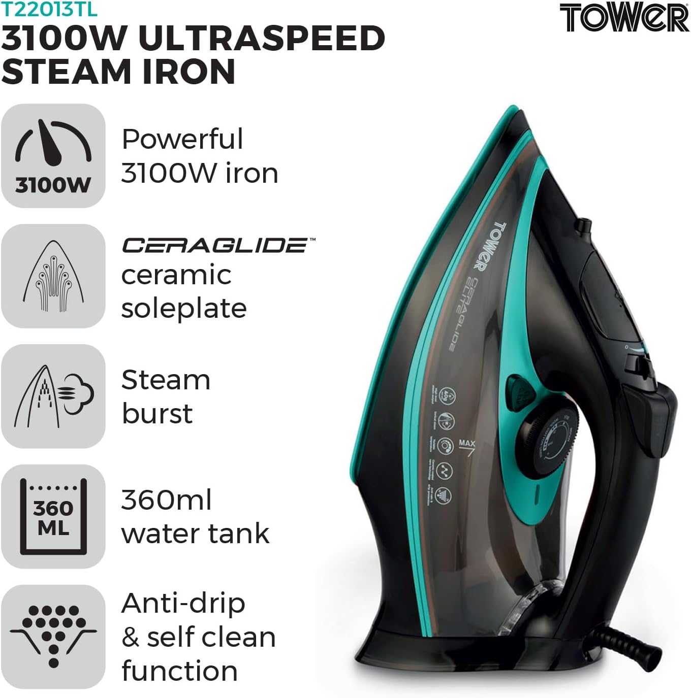 Detalle 2 de Tower Ceraglide Ultra Speed T22013TL Steam Iron (Ceramic Soleplate, 3100W, 360ml tank)
