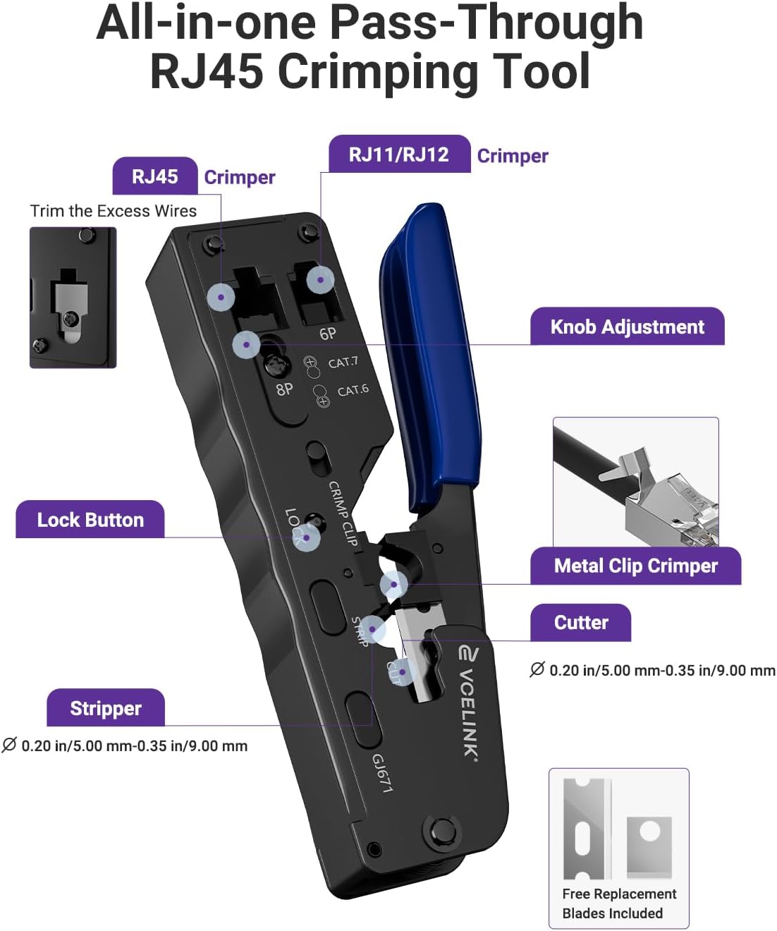 Detalle 2 de VCELINK Netzwerk Werkzeug Set: RJ45 Crimpzange mit Pass-Through Stecker, Netzwerktester & LSA Werkzeug
