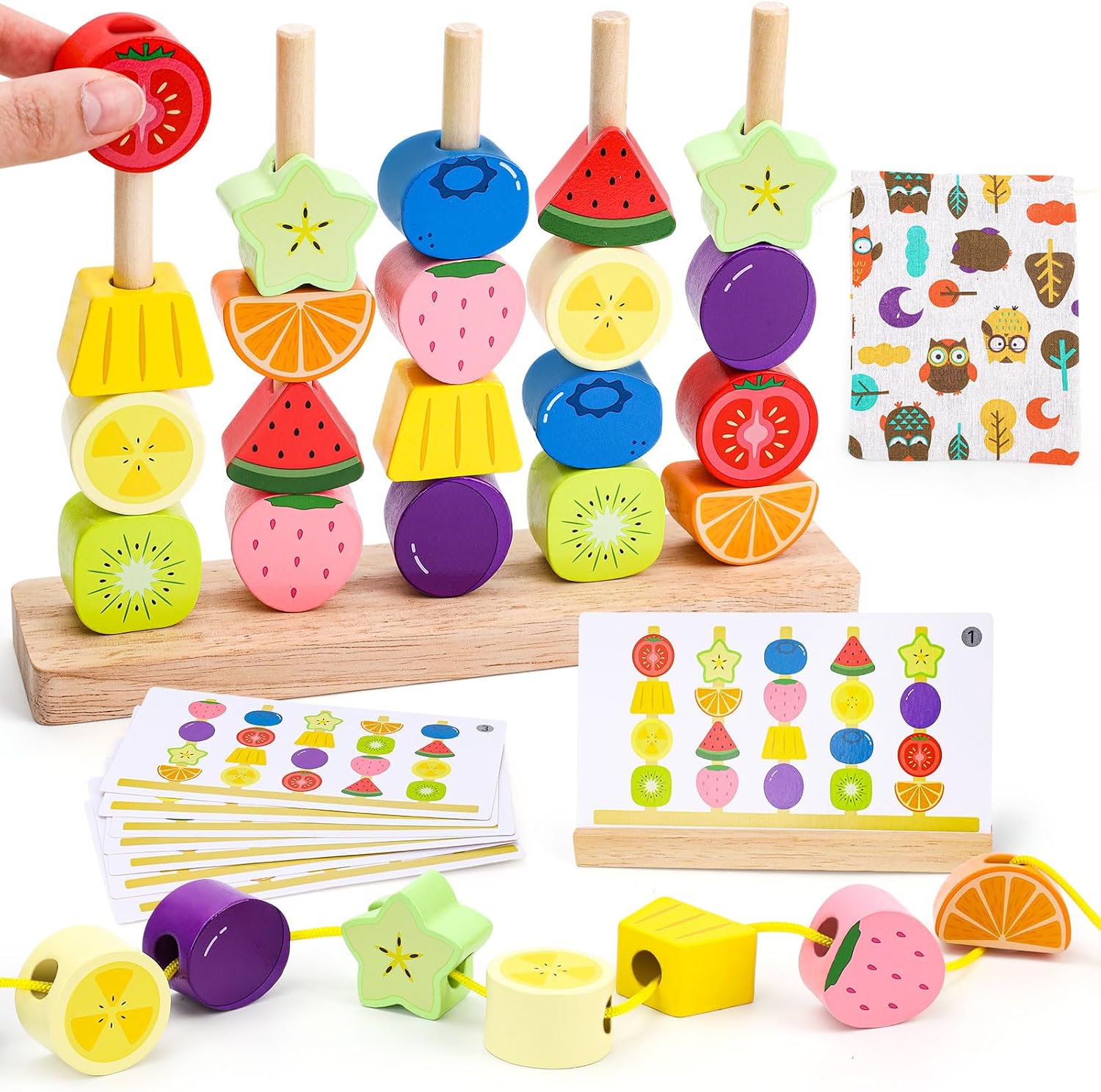 GiddyGlow Jouet Montessori en Bois pour Enfants 2-5 Ans — Perles à Enfiler, Tri et Empilage