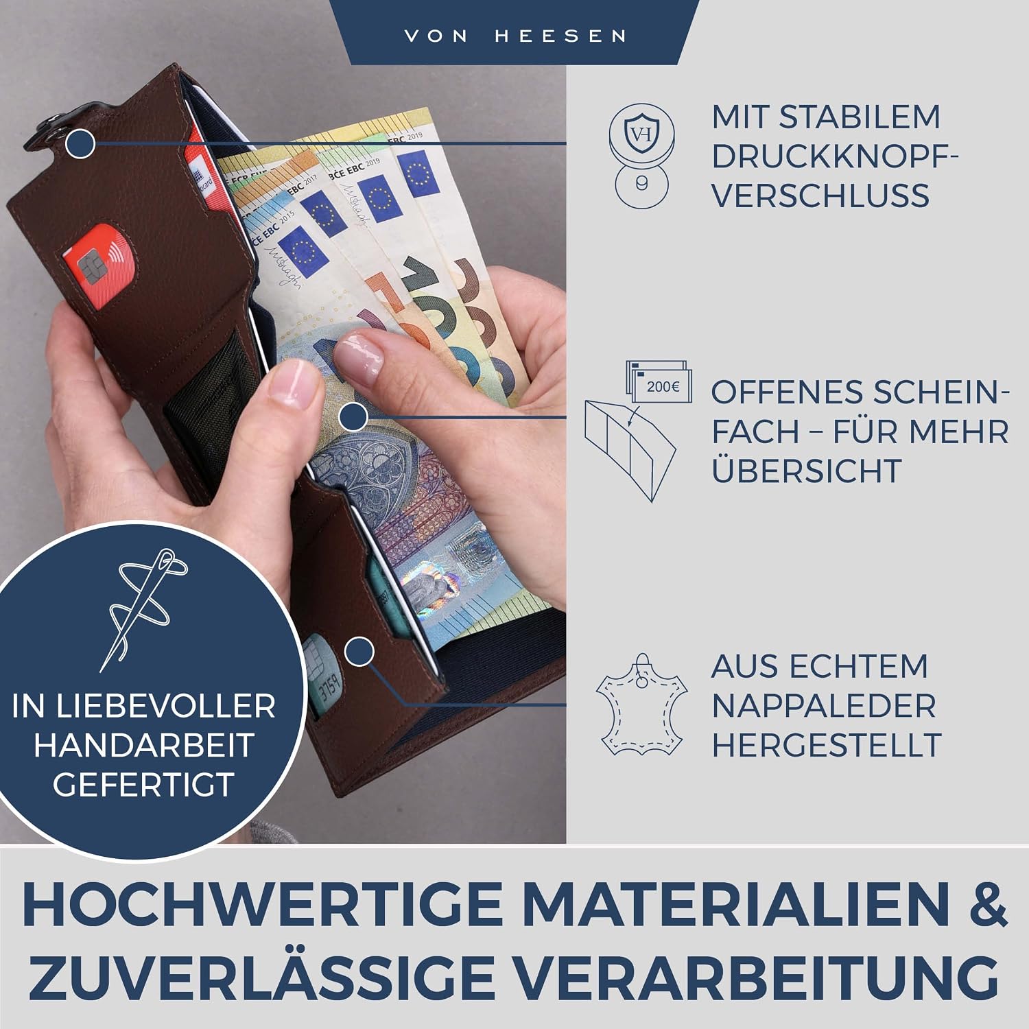 Thumbnail 3 de VON HEESEN Slim Wallet mit RFID-Schutz – Herren/Damen Mini-Geldbörse aus Nappaleder, braun