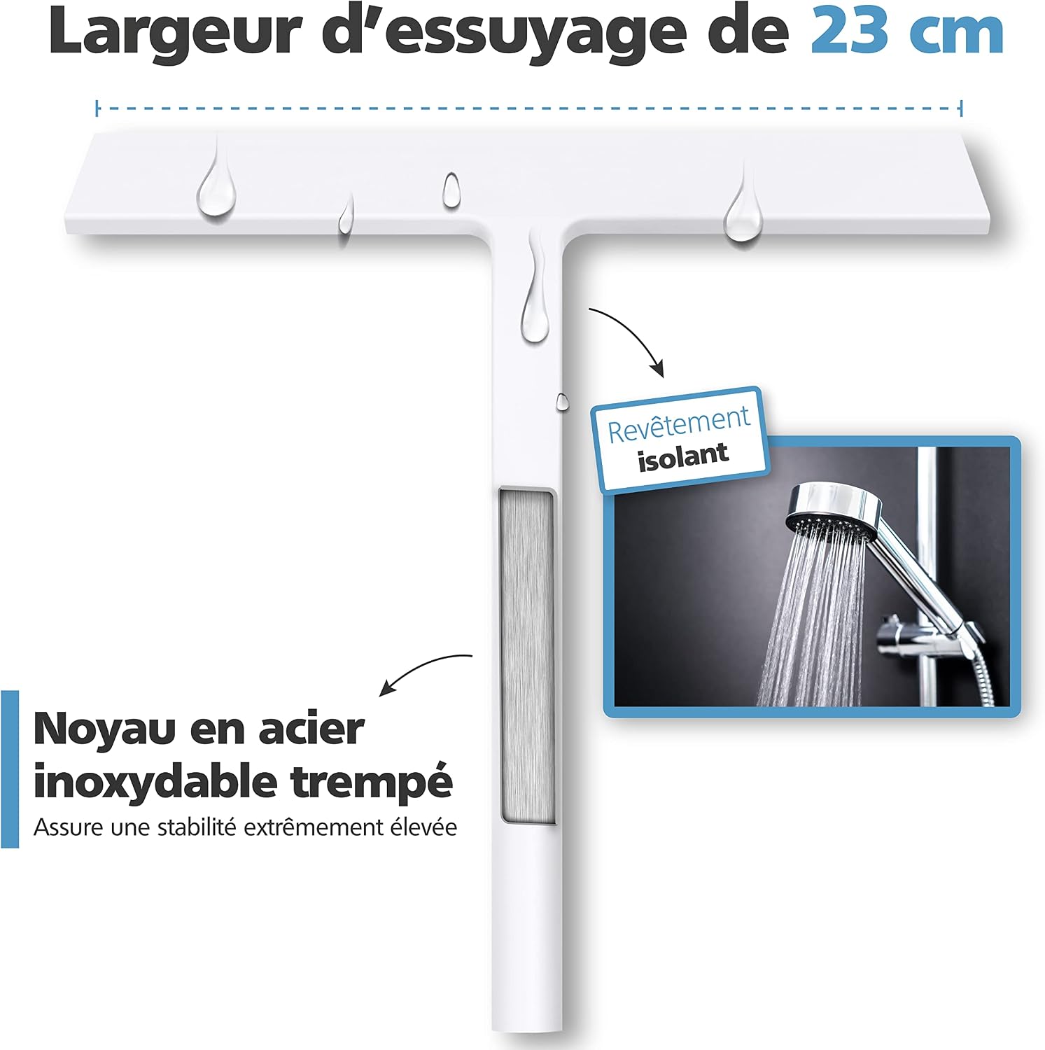 Detalle de Virea raclette de douche en silicone blanc (largeur 23 cm) avec suspension