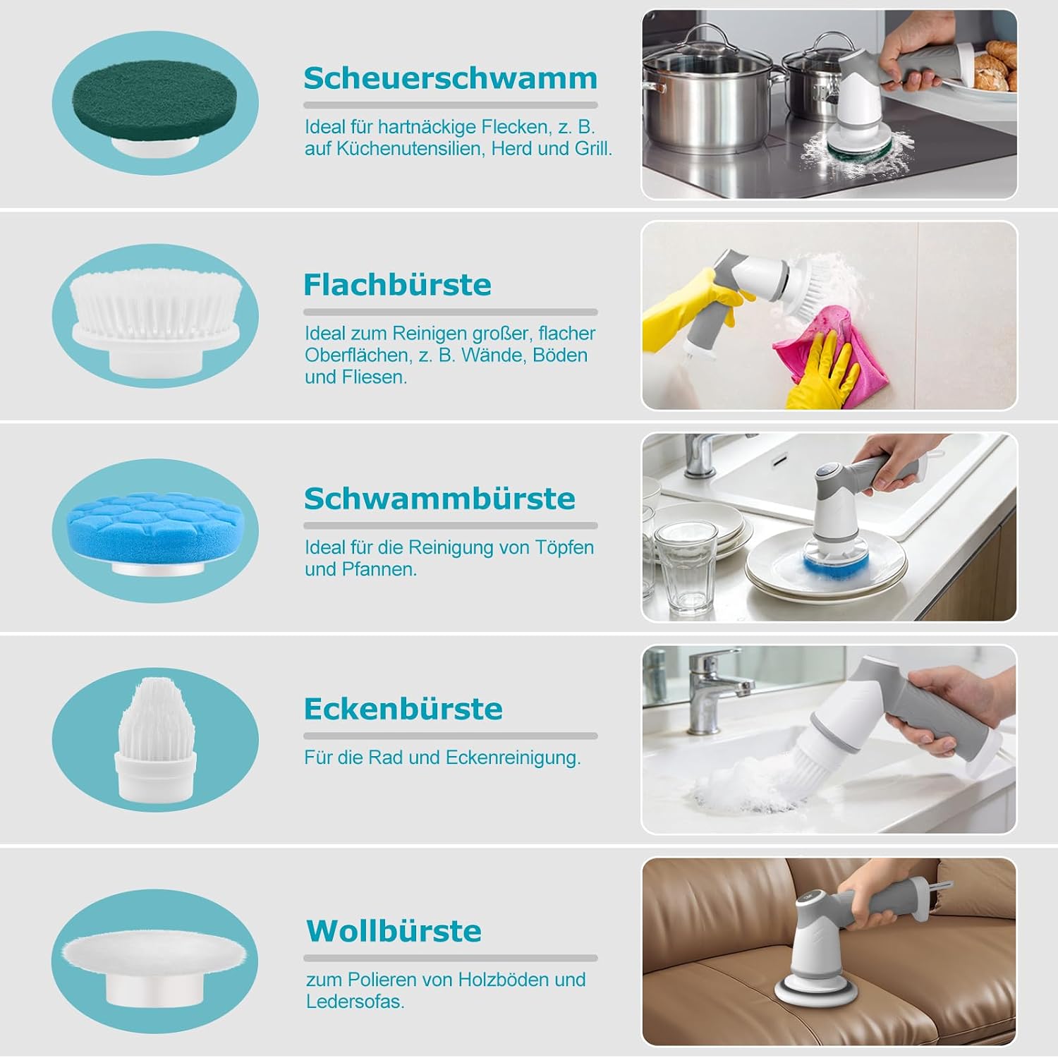 Detalle 2 de BOOHENKA Elektrische Reinigungsbürste Upgraded 360° Spin Scrubber mit 6 Austauschakgaben – 5 Bürstenköpfe, 2000 mAh Akku, LED-Anzeige