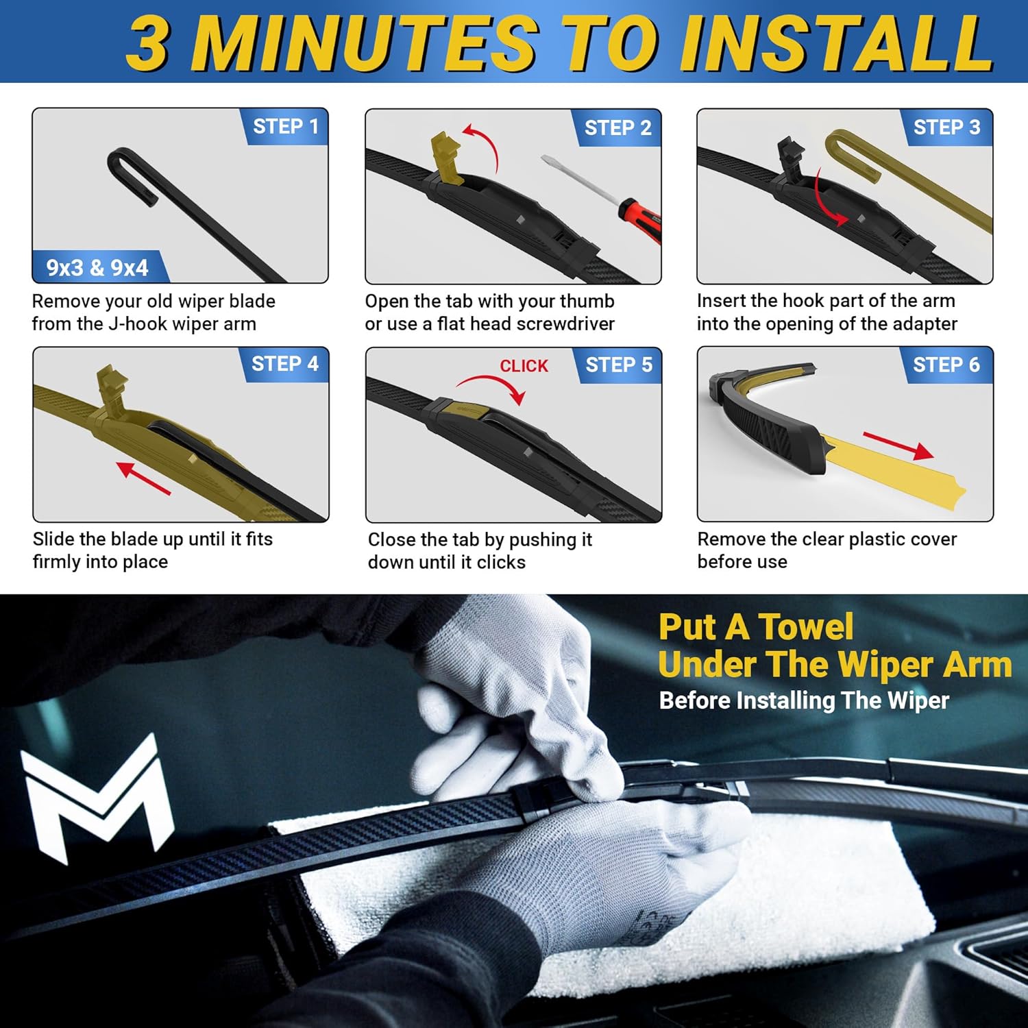 Thumbnail 5 de Premium Silicone Carbon Fiber Windshield Wiper Blades 22" & 20" (J-Hook) – Quiet, Streak-Free Front Wipers, 2-Pack