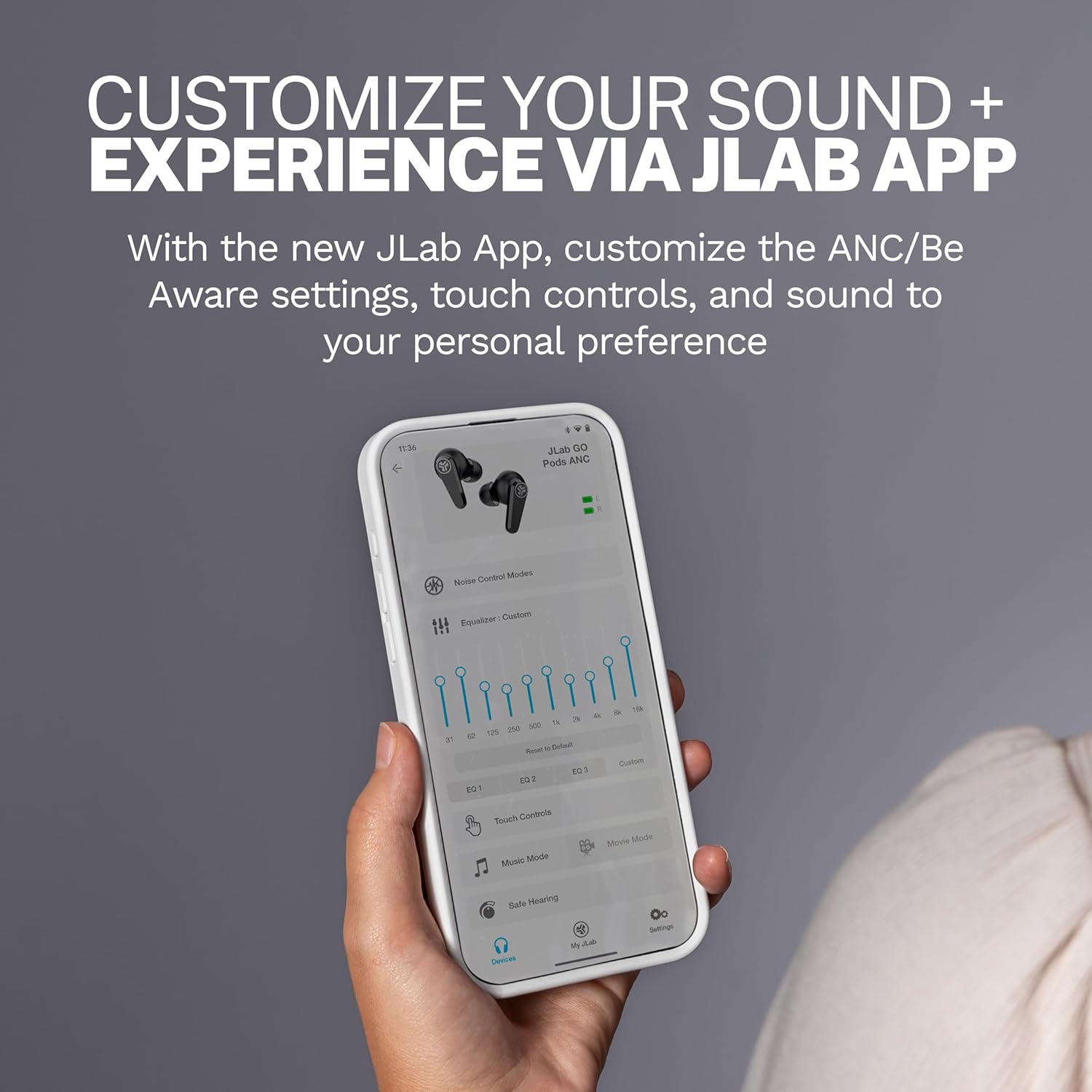 Thumbnail 4 de JLab Go Pods ANC – écouteurs Bluetooth sans fil hybrides à réduction de bruit, jusqu’à 26 h d’autonomie, IP55, blanc Nuage