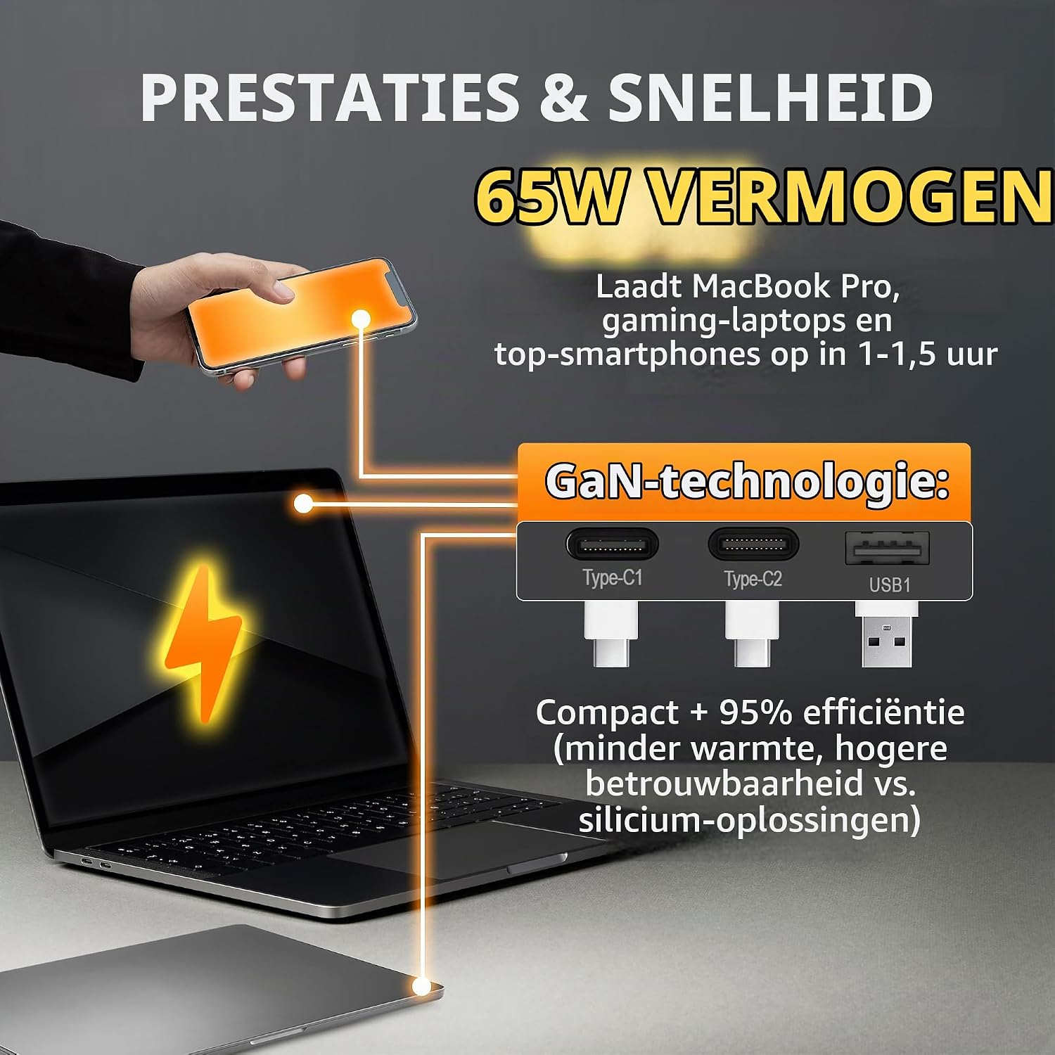 Detalle de PULSAR GaN PD-inbouwstopcontact, 65 W, 2 USB-C en USB-A, zwart glas