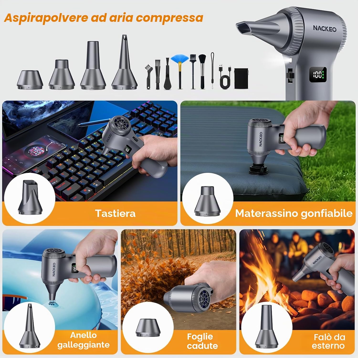 Detalle de Ventilatore elettrico Air Duster 230.000 giri/min con batteria 10.500 mAh e velocità regolabile a 100 livelli