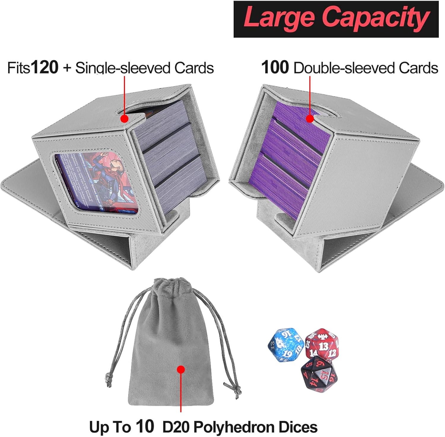 Thumbnail 2 de AFIING Commander MTG Deck Box for Display, 100 Double-Sleeved Cards Storage (Silver/Grey)