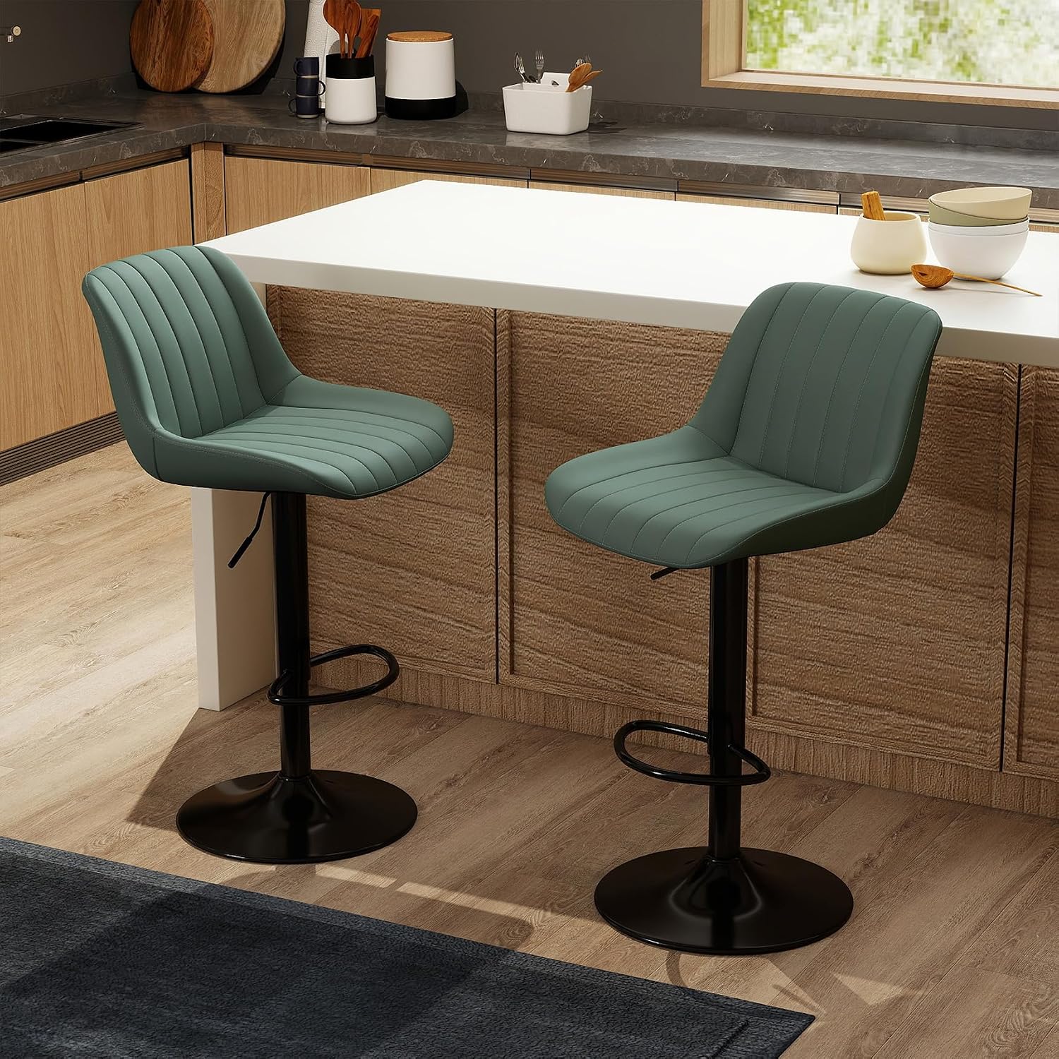 Detalle de Youhauchair Adjustable Faux Leather Bar Stools, Set of 2, Green, Swivel