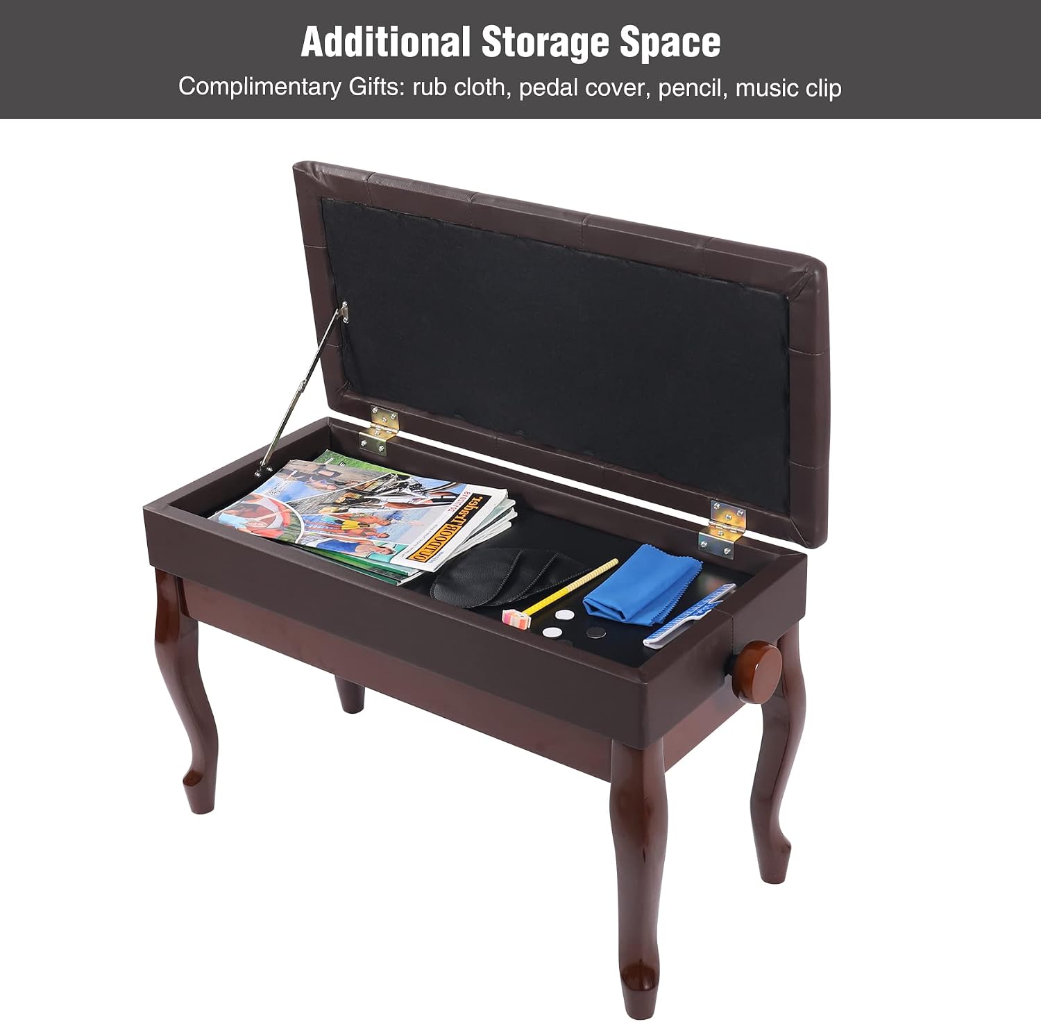 Detalle 1 de ALAPUR 18470 Adjustable Duet Piano Bench with Storage, Brown PU Leather