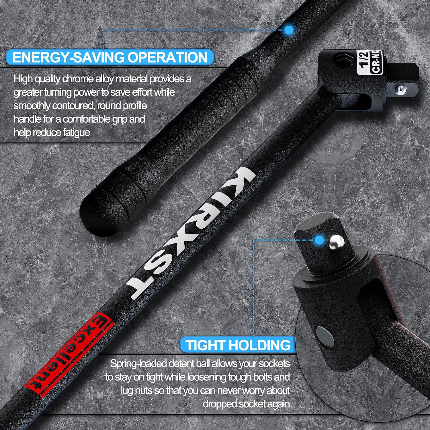 Detalle 2 de KIRXST chiave a bussola 1/2" con breaker bar 600 mm e testa girevole 250°