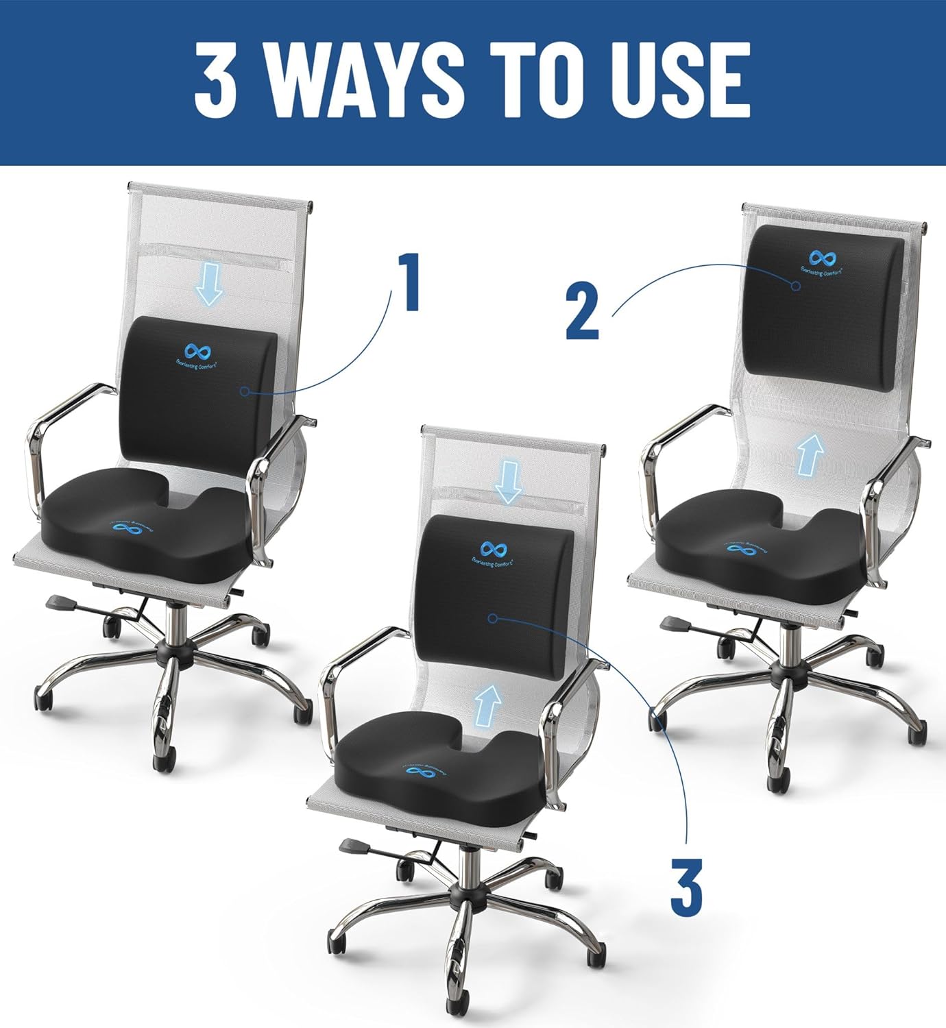 Thumbnail 3 de Everlasting Comfort memory foam seat cushion set for office chairs and cars, with gel layer and lumbar support
