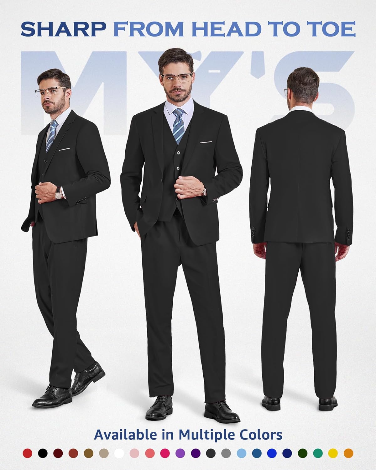 Thumbnail 1 de MY'S Men's 3 Piece Suit Set with Tie - Slim Fit One Button Jacket, Vest & Pants